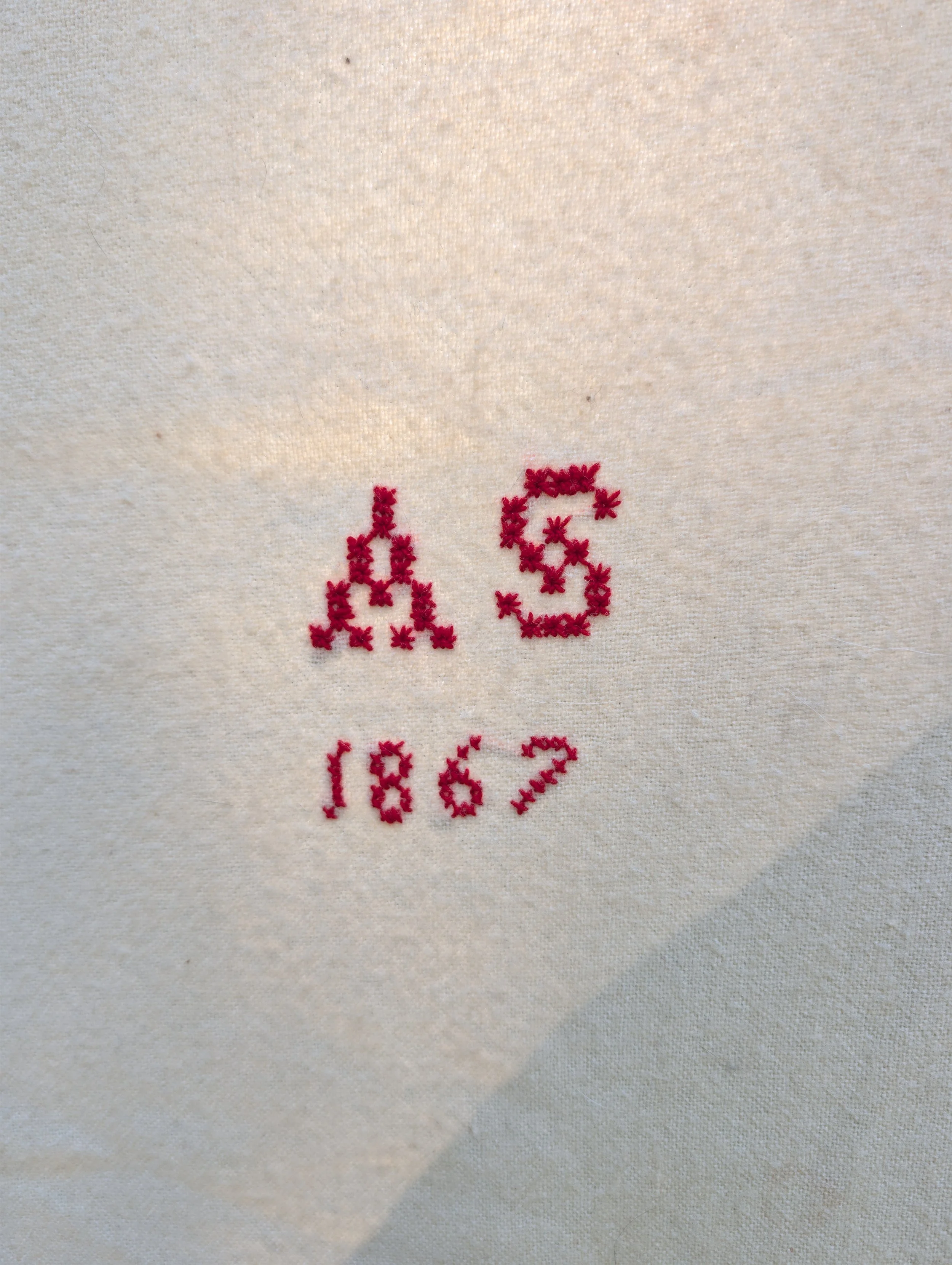 Antique (1867) Hand Embroidered Wool Coverlet : A S