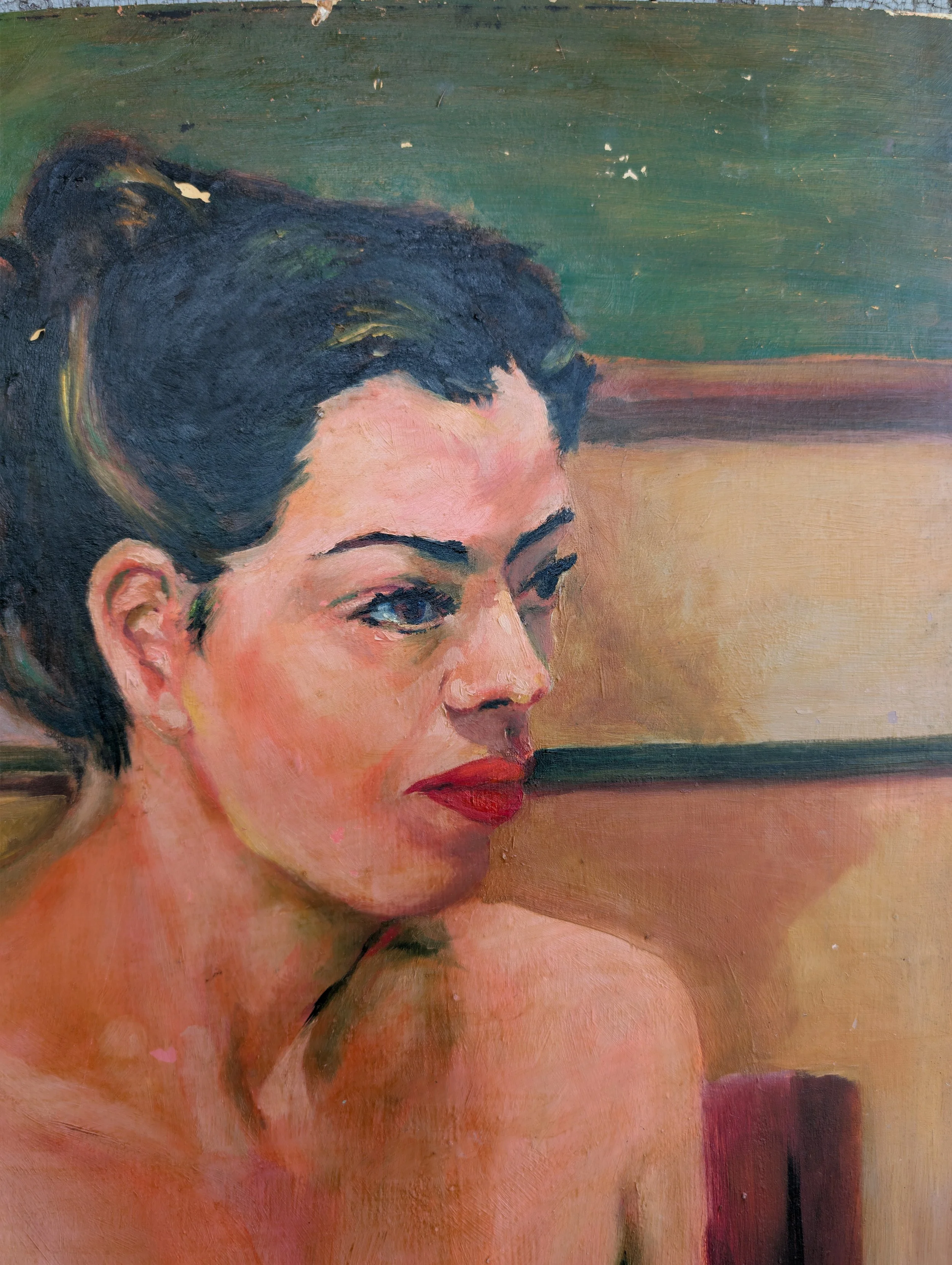 Vintage (1956) Signed + Dated Original Art : Mid-Century Oil Portrait Painting Female Nude on Illustration Board - W. H. Trent.