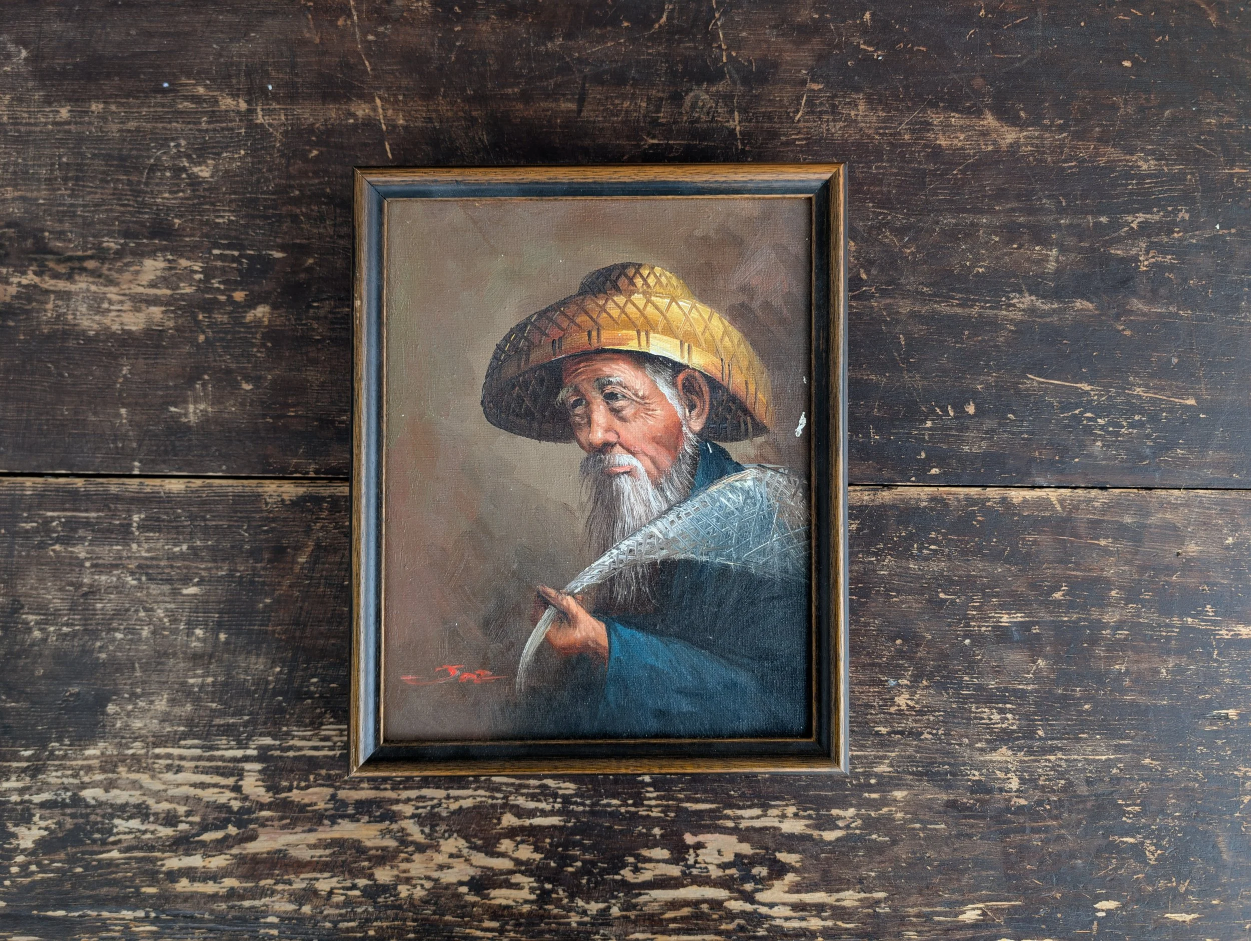 Vintage (1970s) Original Art Signed Oil on Canvas Framed - Portrait Elderly Asian Fisherman Holding a Fish.