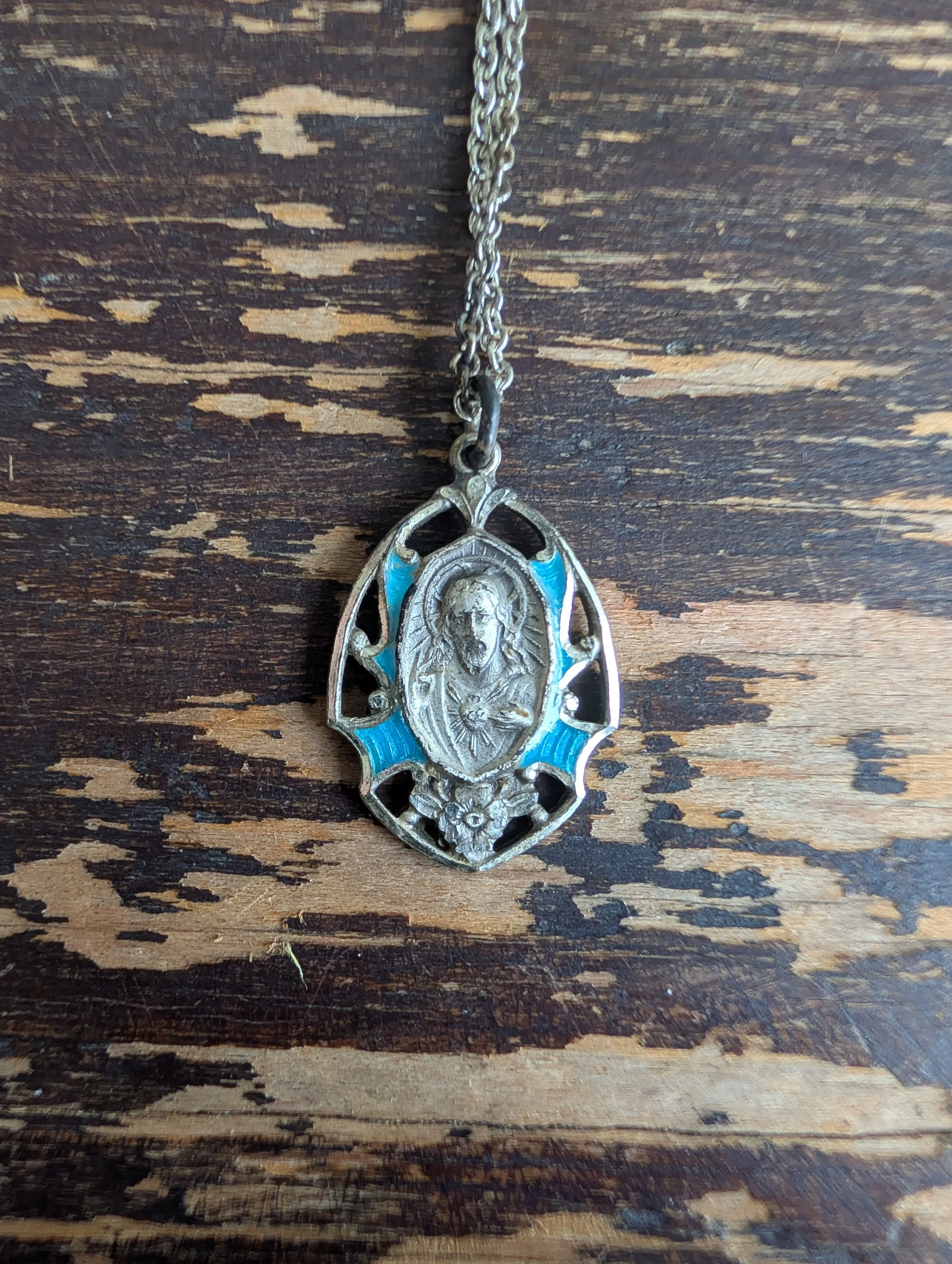 Vintage (1960's) Sterling Double-Sided Catholic Religious Medal With Blue Enamel Detailing : Sacred Heart Of Jesus = Immaculate Heart Of Mary With Chain.