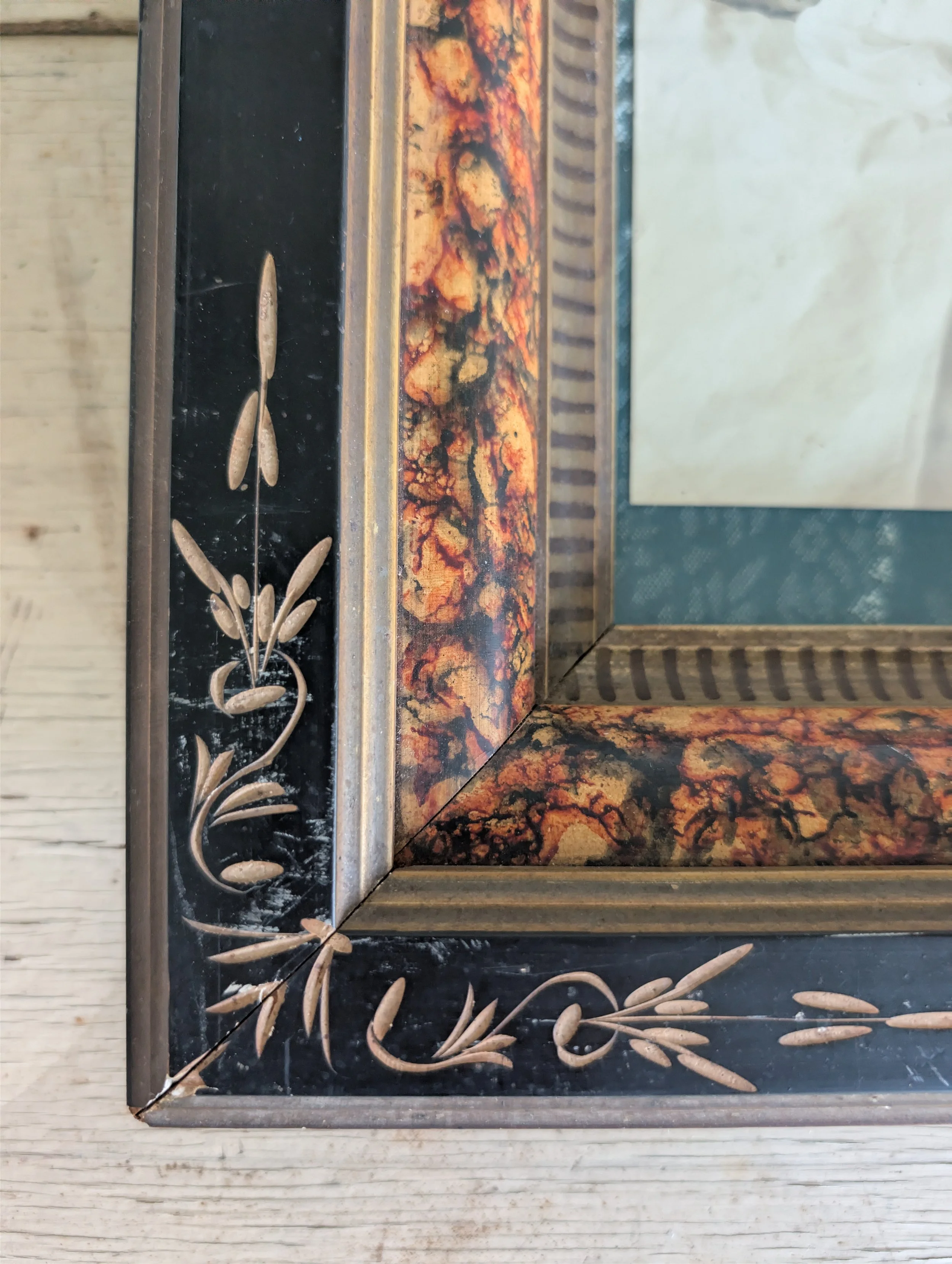 Antique (1880s) Rare Victorian Infant Post-Mortem Photograph Housed in Elaborate Victorian Eastlake Faux-Tortoiseshell Lacquer Frame.