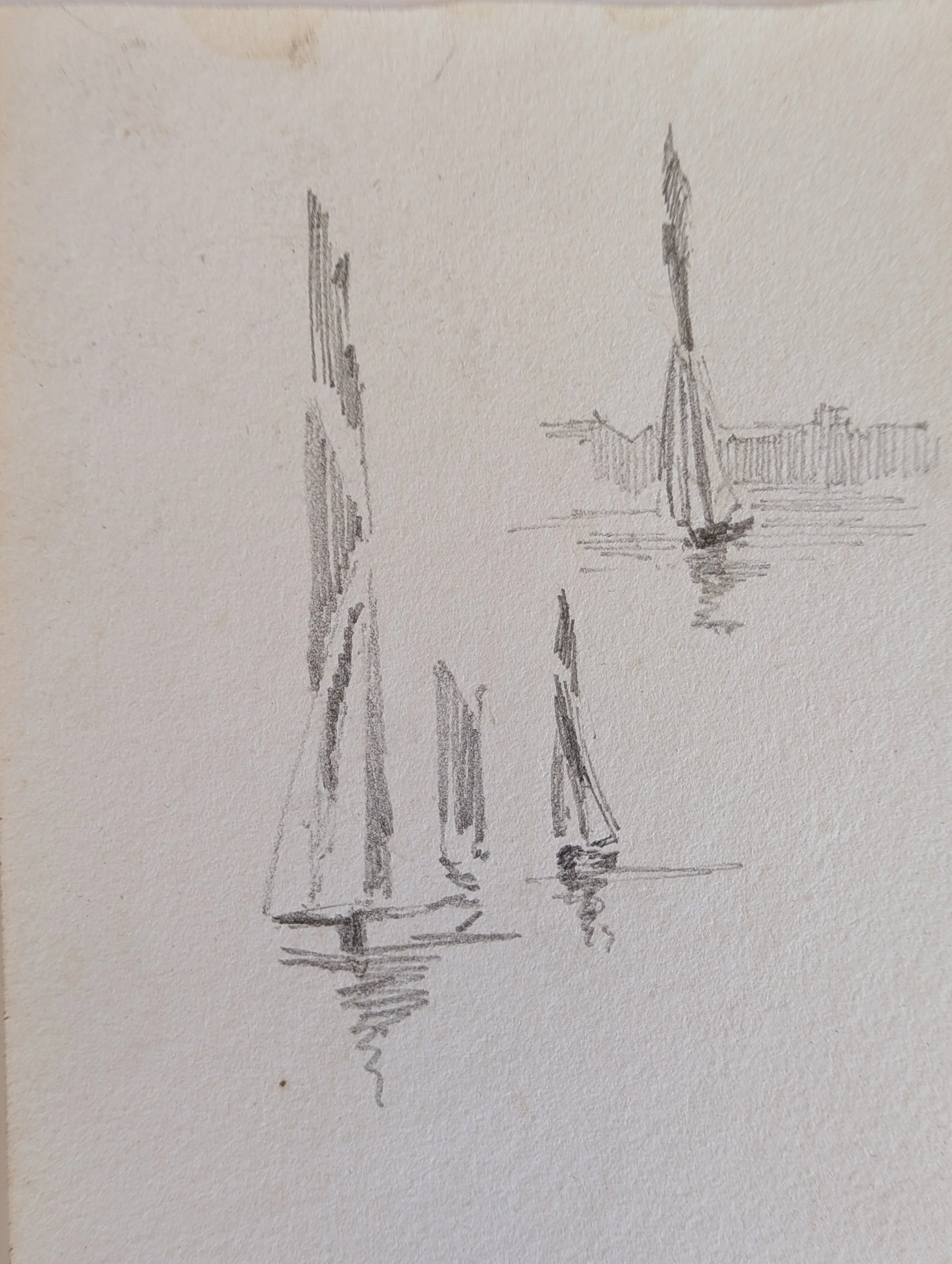 Antique (1890s) Original Art : Minimalist Sailboat Sketch - Pencil On Paper by Anonymous Artist.