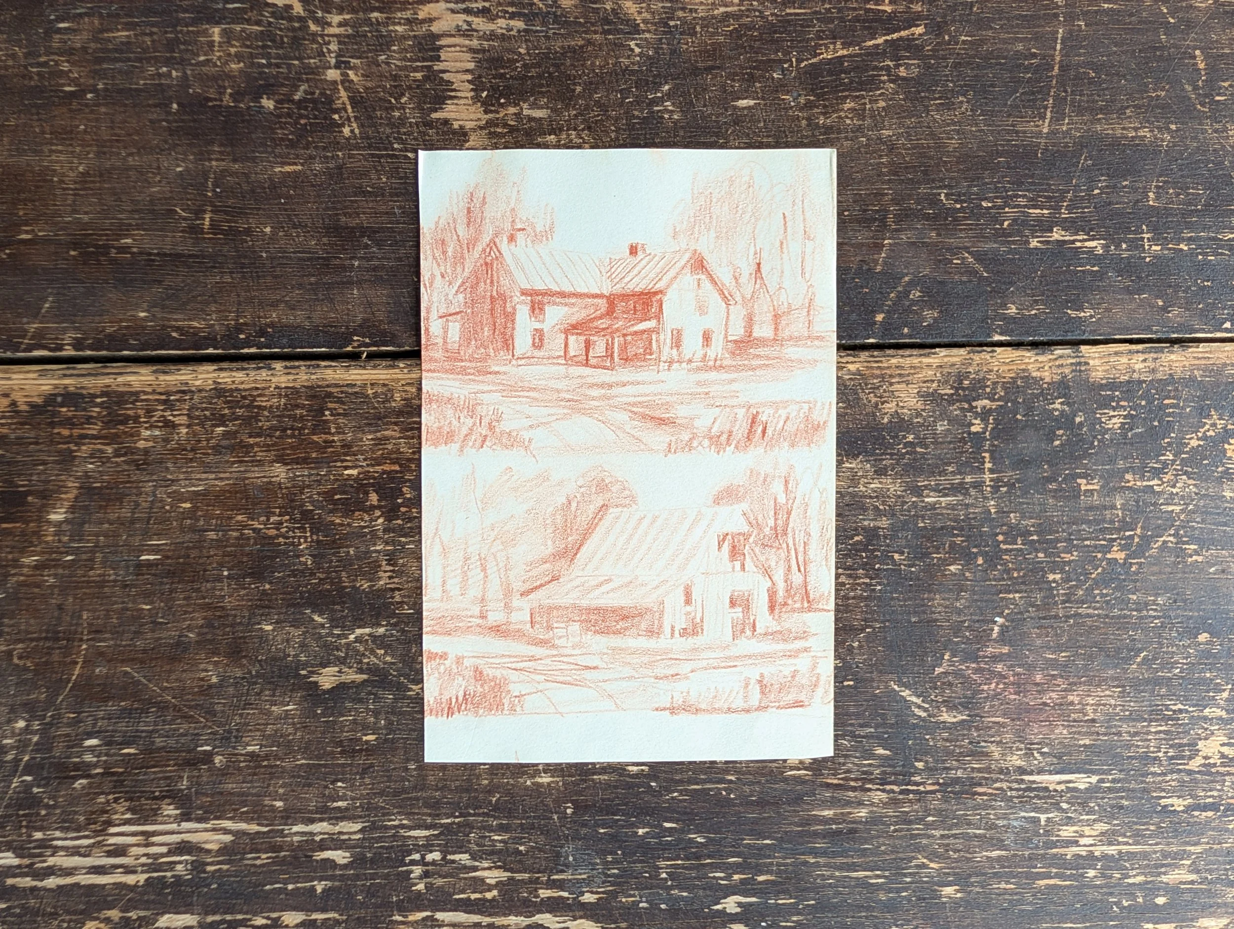Vintage (1990s) Original Art : Farm + Barn Study - Red Chalk on Paper by Anonymous Artist.