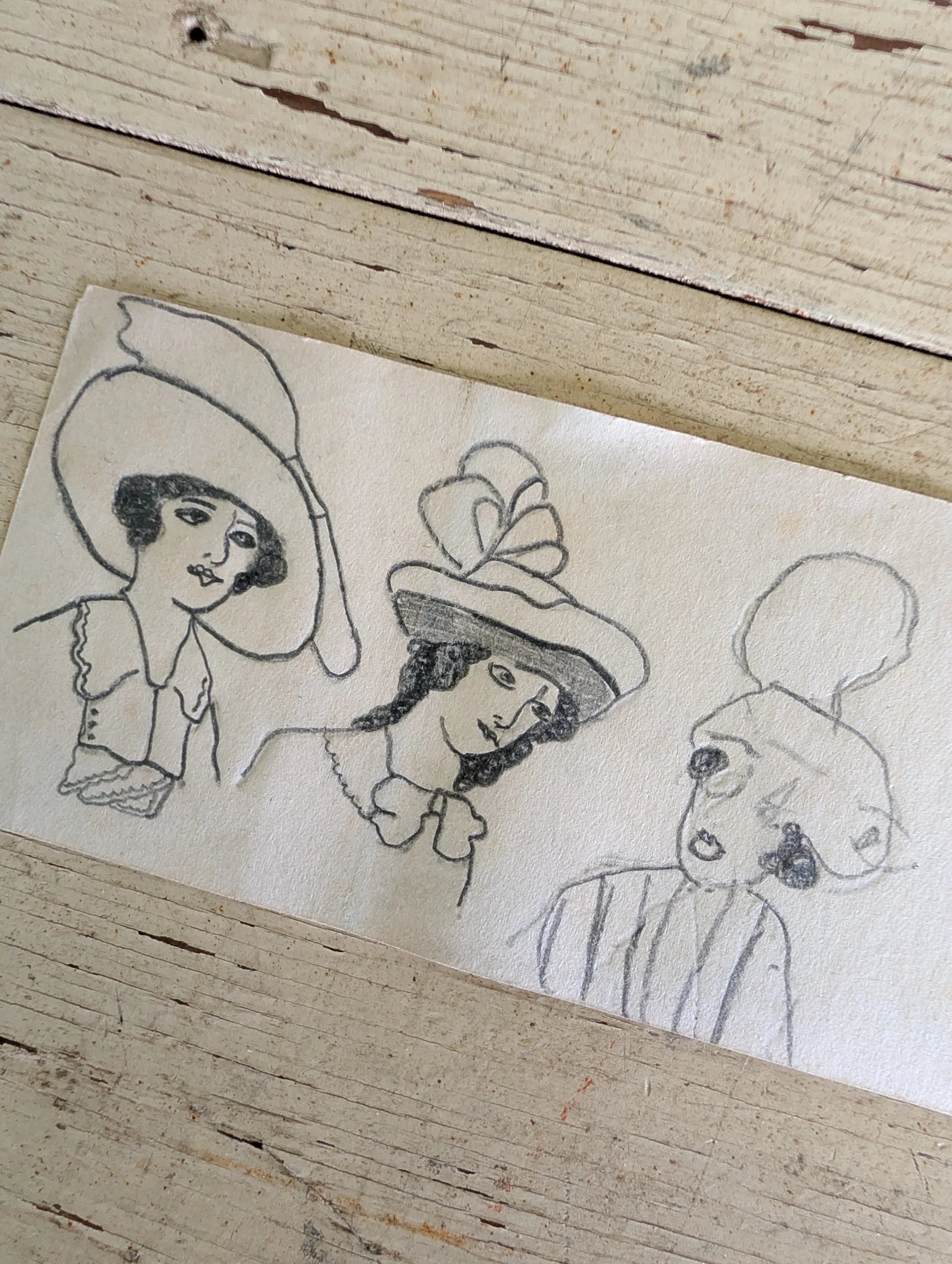 Antique (1920s) Original Art : Three Ladies - Pencil On Paper Sketch by Anonymous Artist.