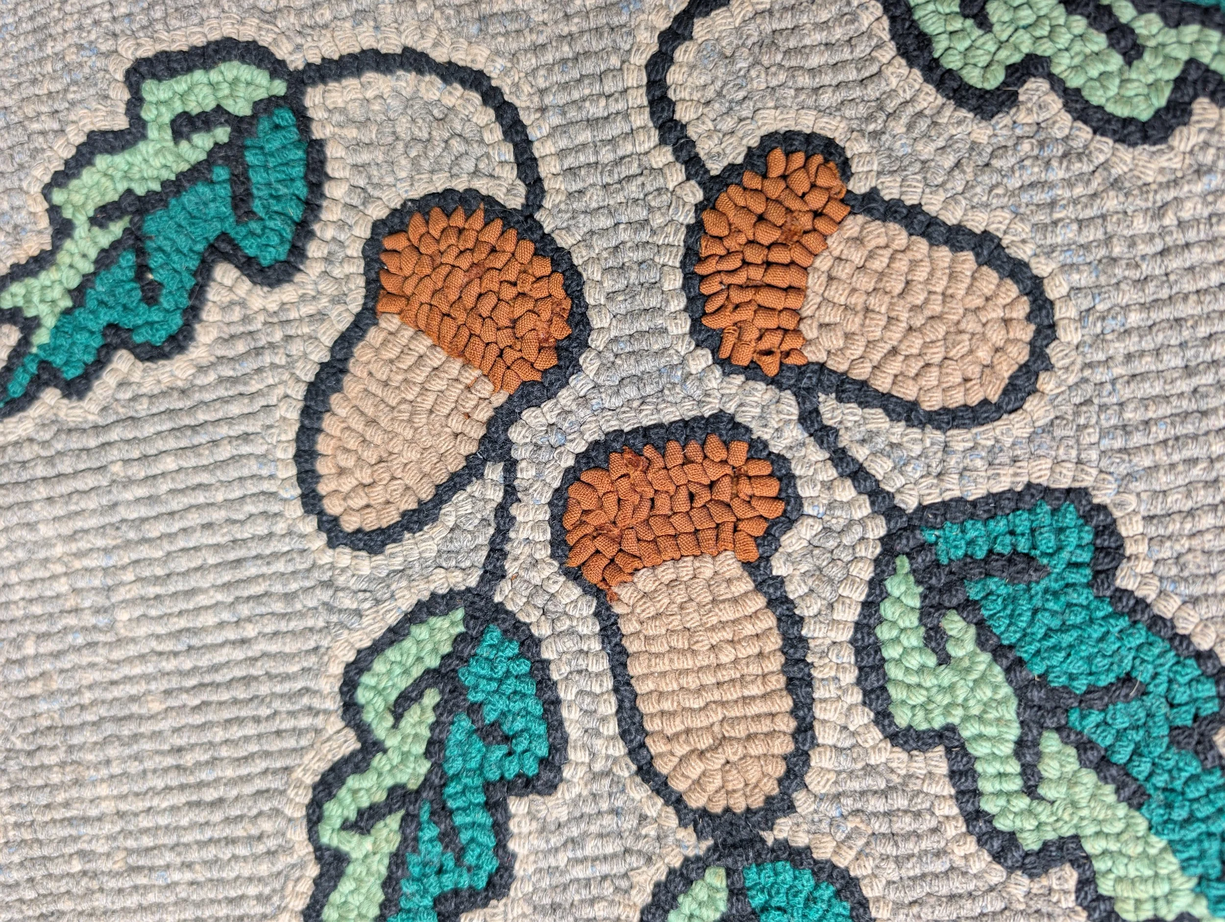 Antique (1920s) Early-20th-Century American Folk Art Hand Hooked Rug - Acorns + Oak Leaves.