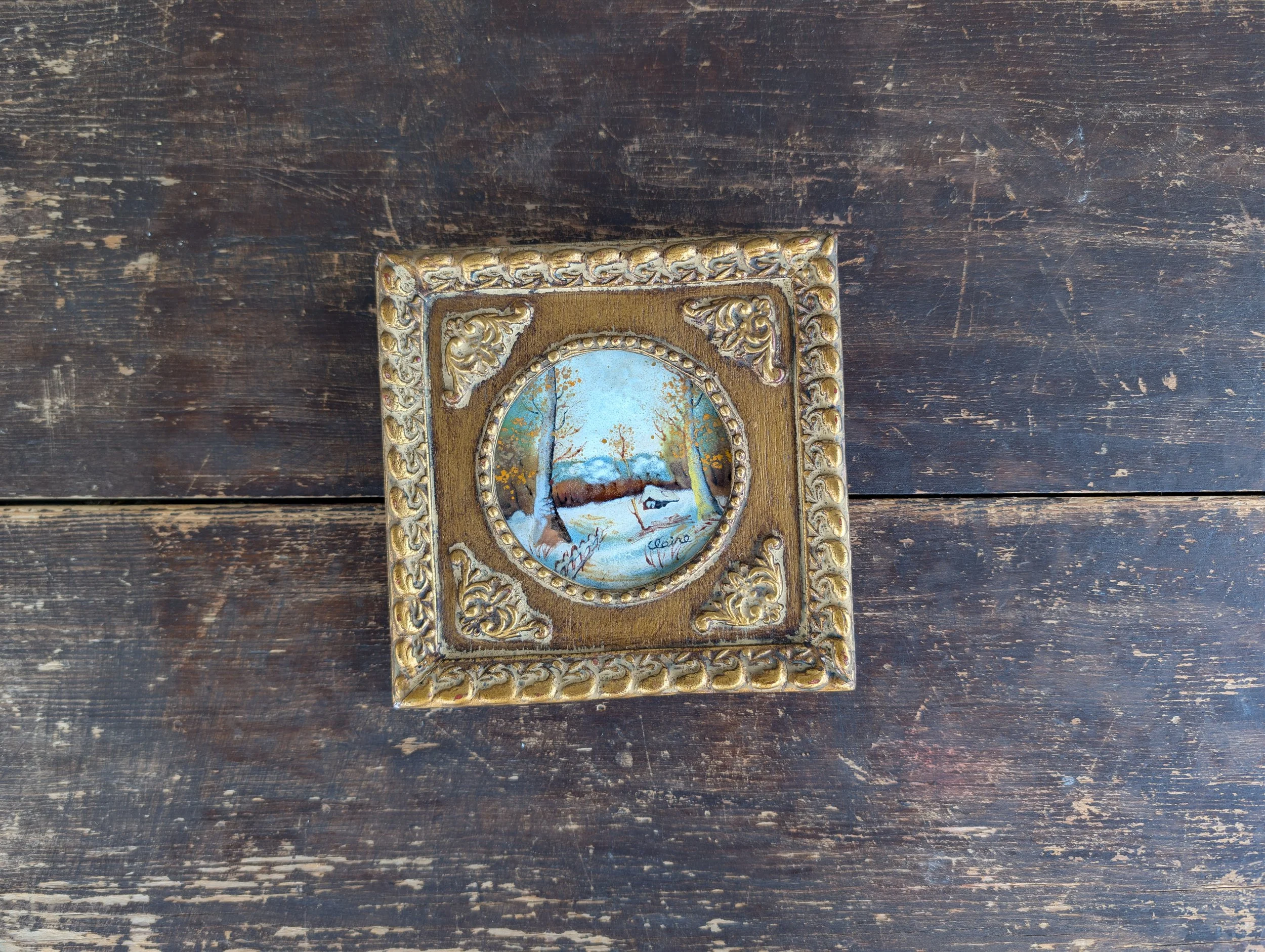 Vintage (1970's) Miniature Signed Enamel on Copper in Ornate Wood Frame.