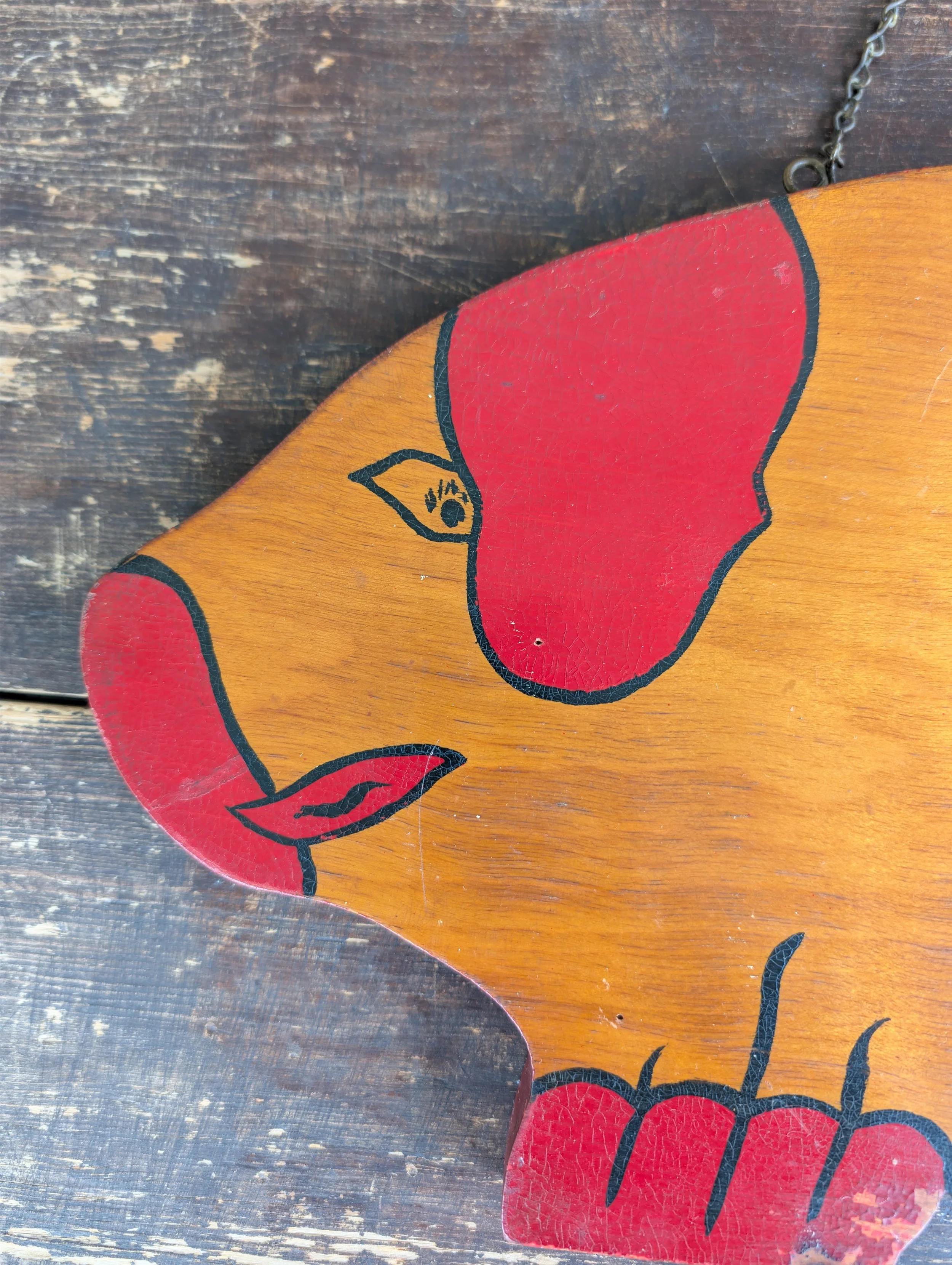 Vintage (1980's) Folk Art Wooden Hand Painted pig Wall Decor or Cutting Board With Metal Chain Hanger.