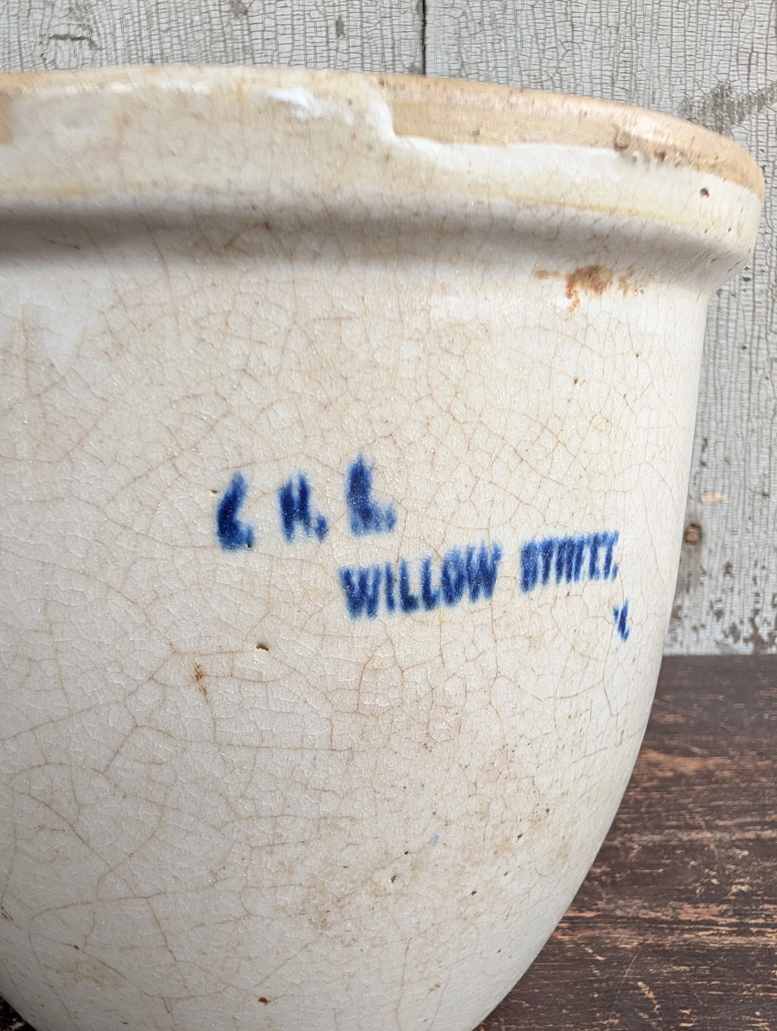 Antique (1880s) Salt-Glazed Stoneware Pennsylvania Merchant Crock - C.H.L. Willow Street Stamped in Cobalt Blue. One Handle.