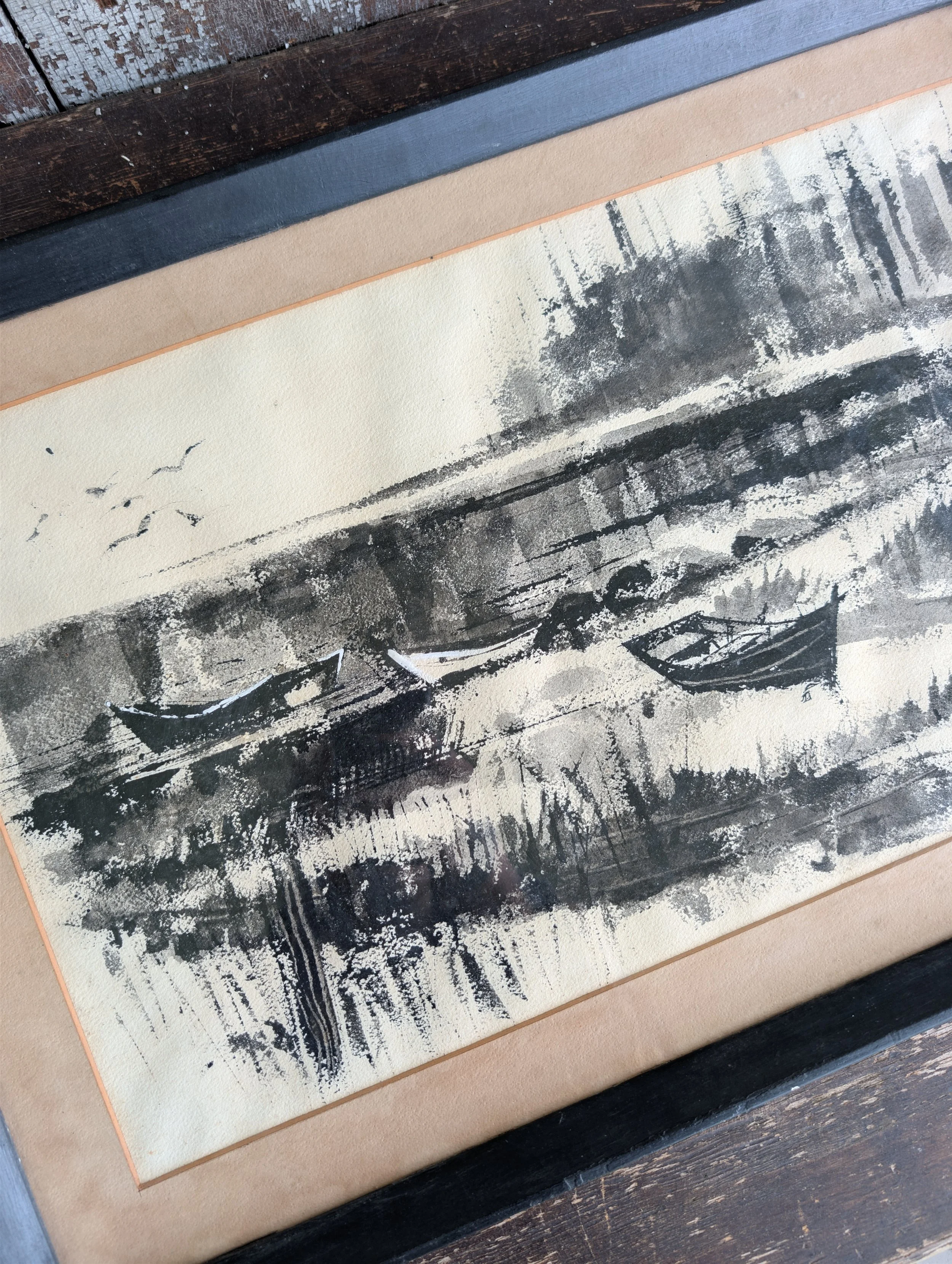 Vintage (1970s) Signed Original Art : Coastal Scene - Watercolor + Ink Painting on Paper by Larry Webster.