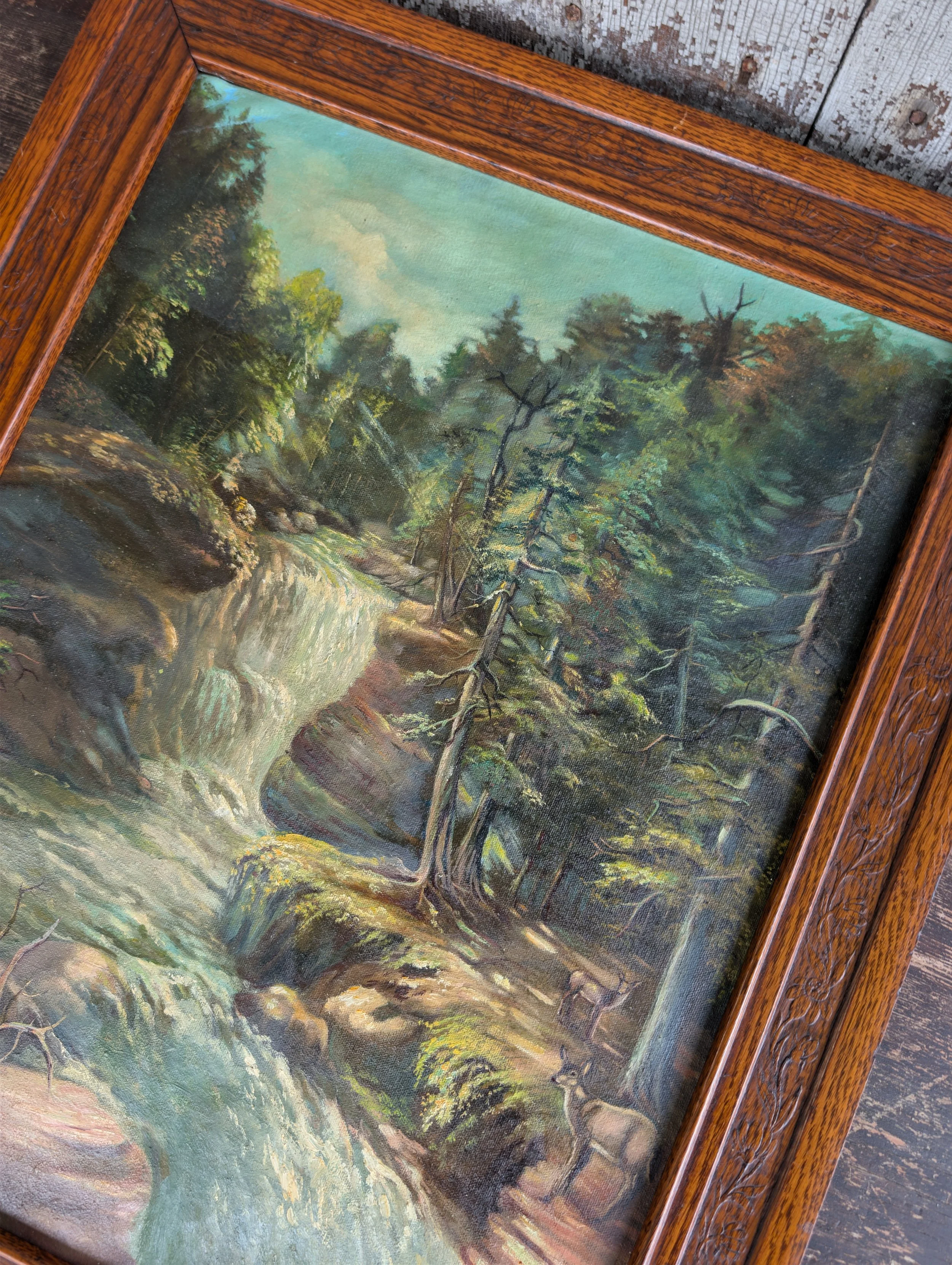 Vintage (1959) Signed + Dated Original Art : Deer Retreat - Framed Oil On Canvas by Margery Wheeler Mattox.