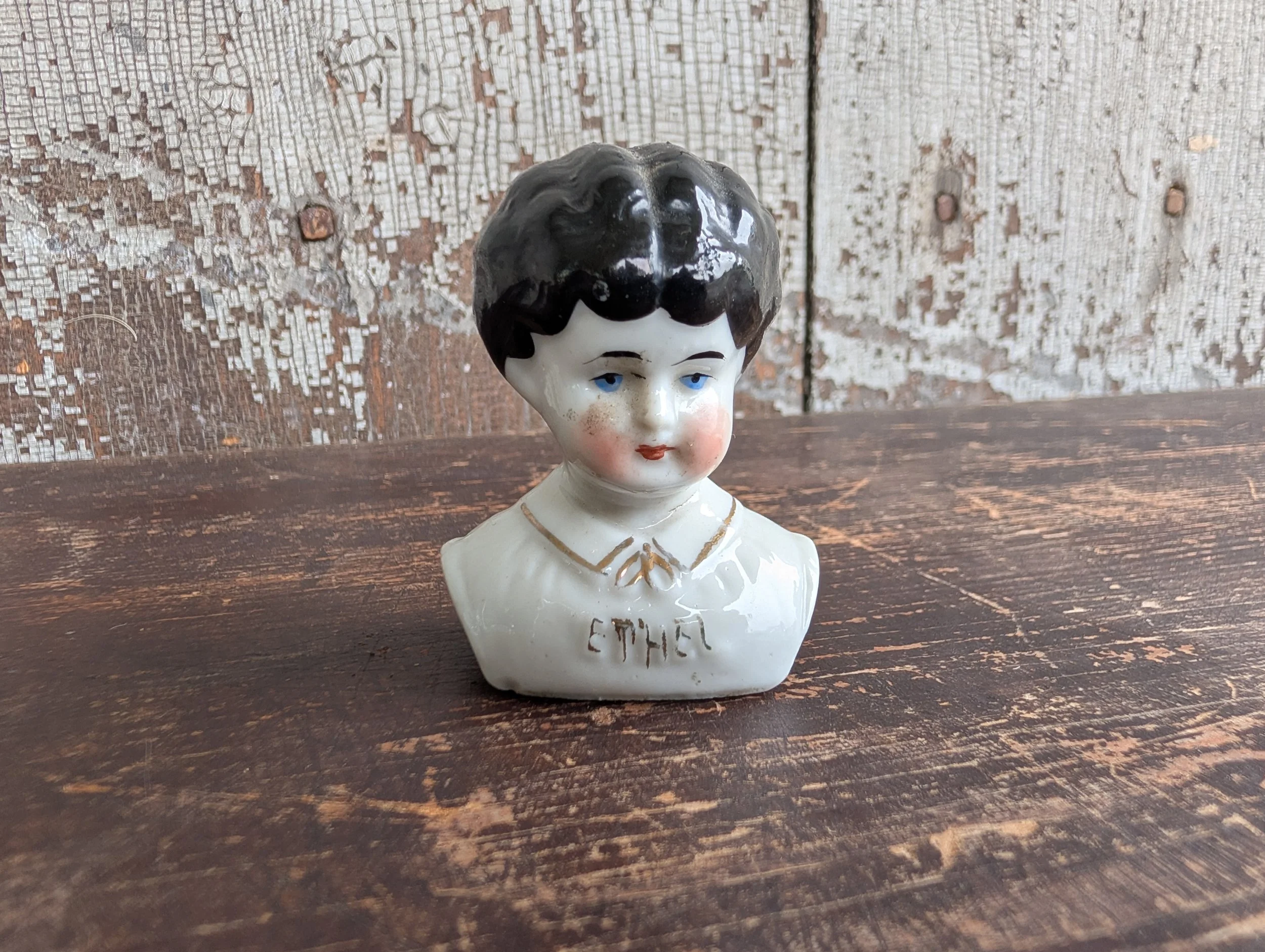 Antique (1890s) Miniature German Porcelain "Pet Name" China Doll Head - Ethel.