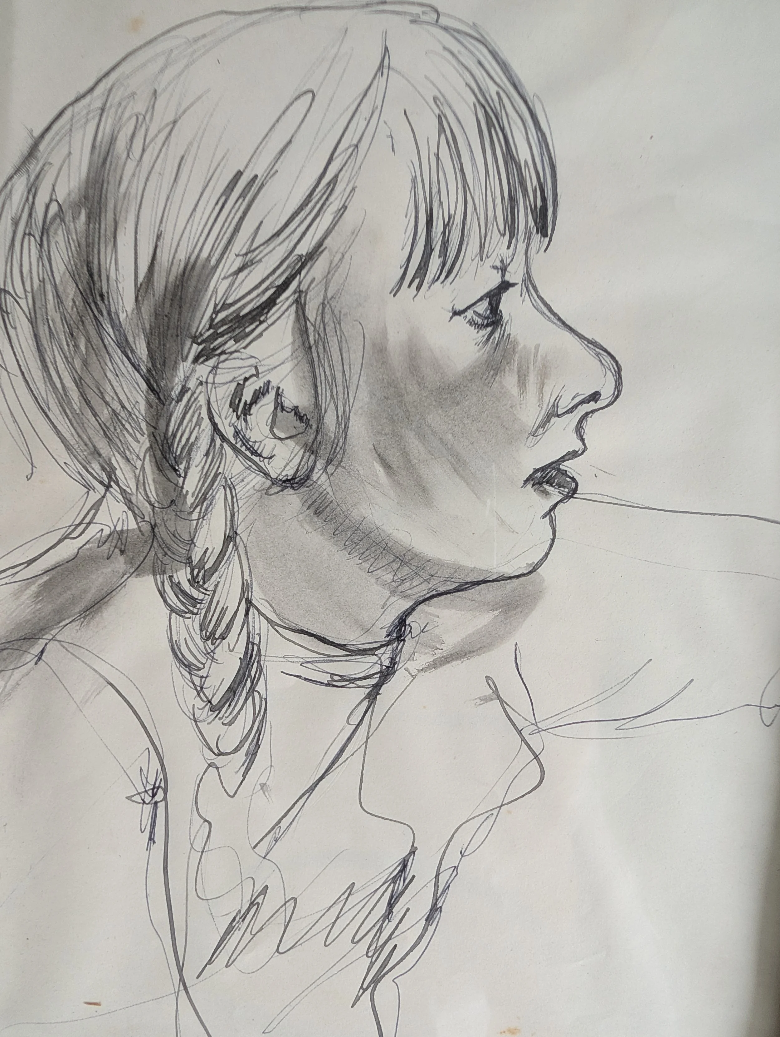 Vintage (1970s) Original Art : Portrait Of A Young Woman - Pencil On Paper by Anonymous Artist.