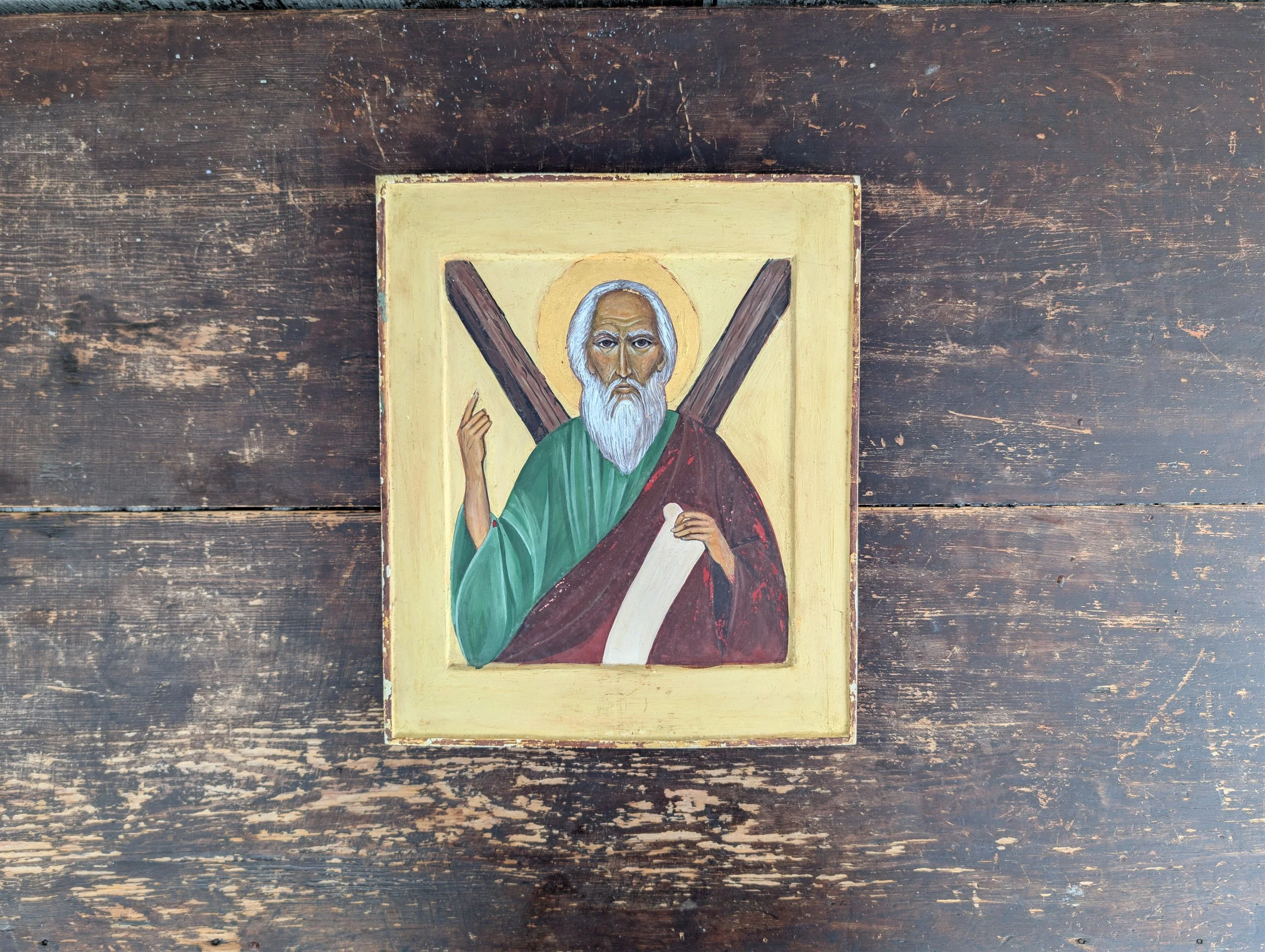 Vintage (1950's) Original Art Byzantine Religious Icon St. Andrew Painting on Wood With Halo.