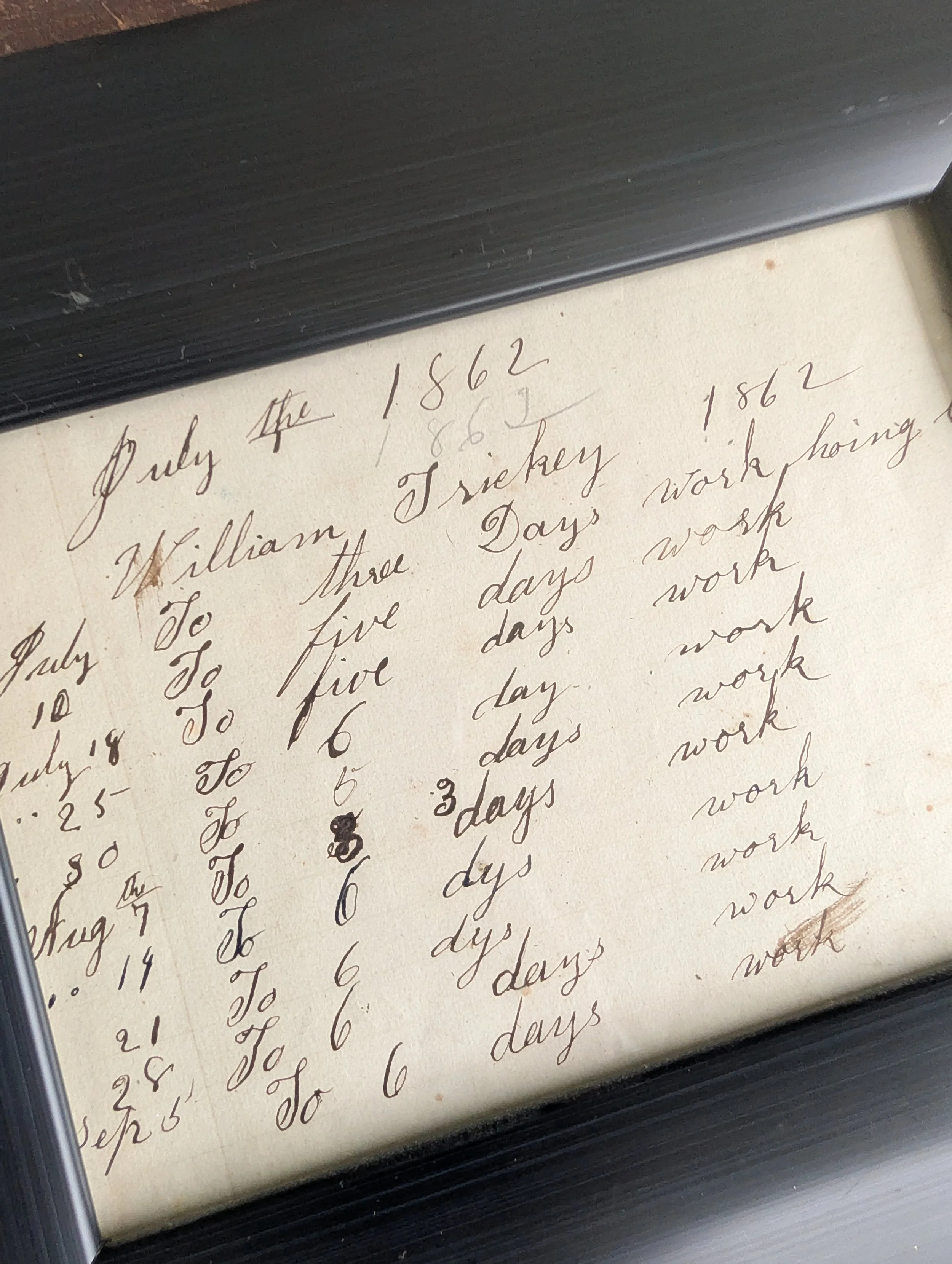 Antique (1862) Framed, Handwritten Ledger : Days Of Labor.