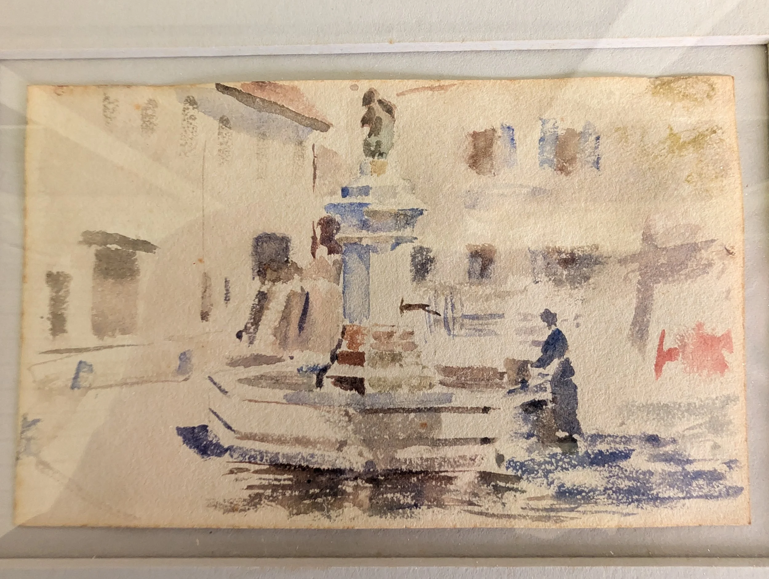 Vintage (1930s) Original Art : European Town Square Fountain - Watercolor On Paper by Enrico Vegetti.