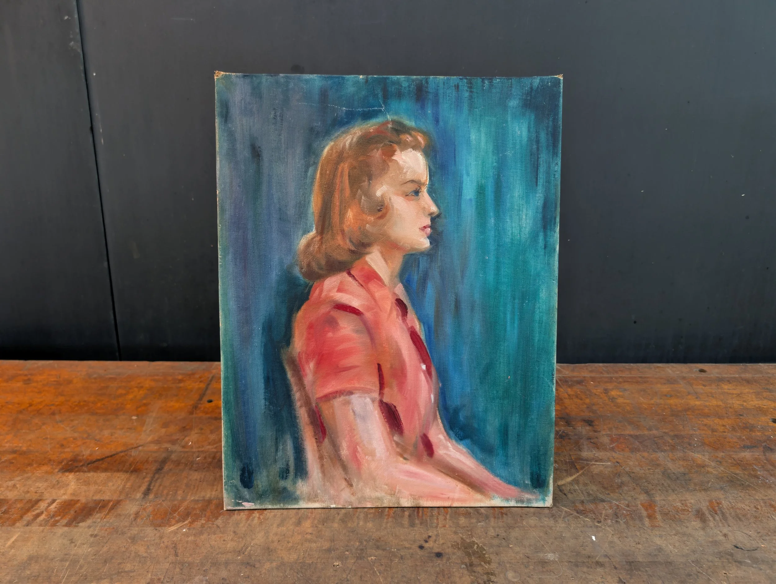 Vintage (1950s) Original Art - Woman In Profile : Oil On Canvas Board by Anonymous Artist.