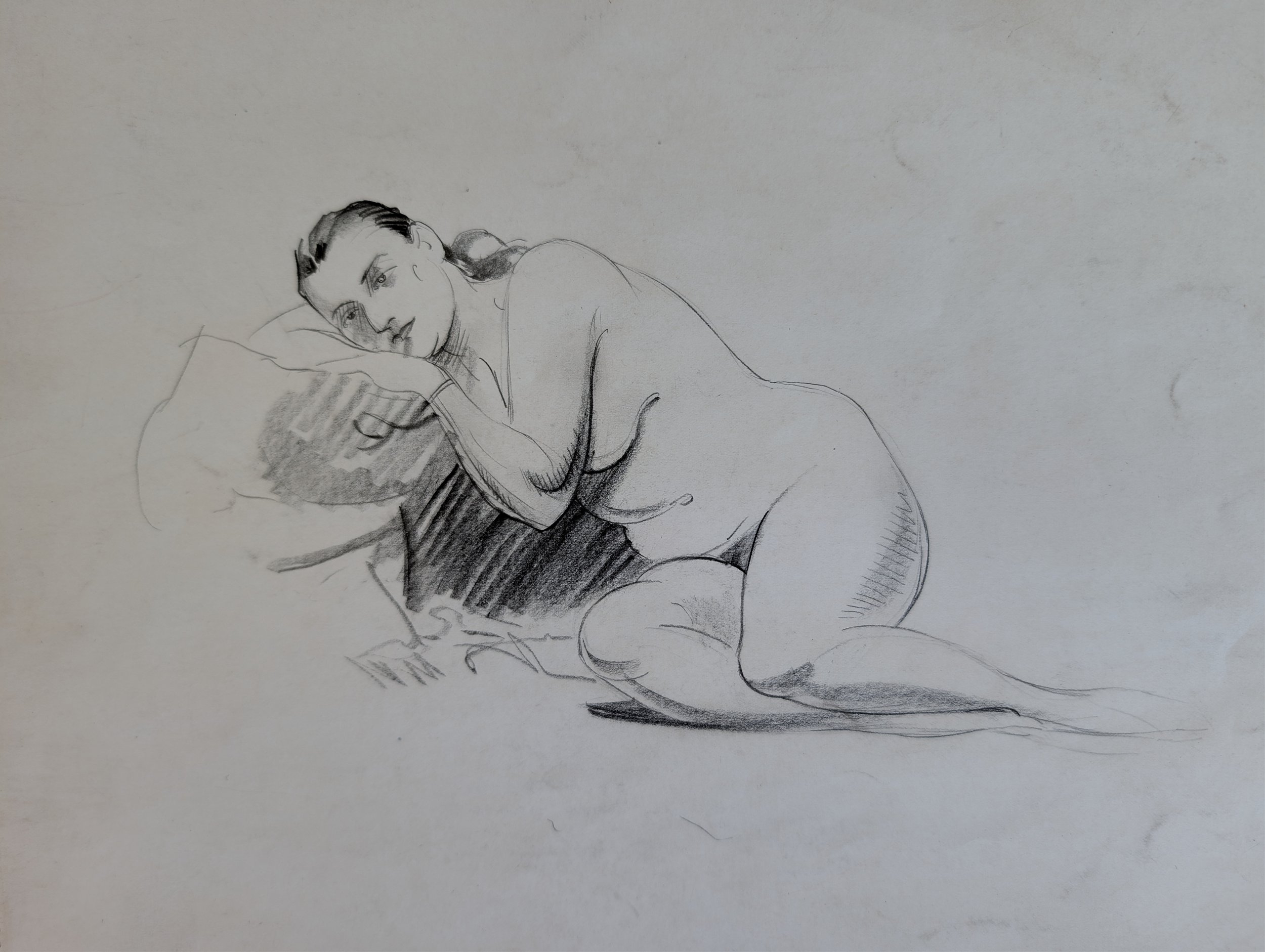 Vintage (1930s) Reclining Female Nude - Pencil On Paper by Anonymous Artist