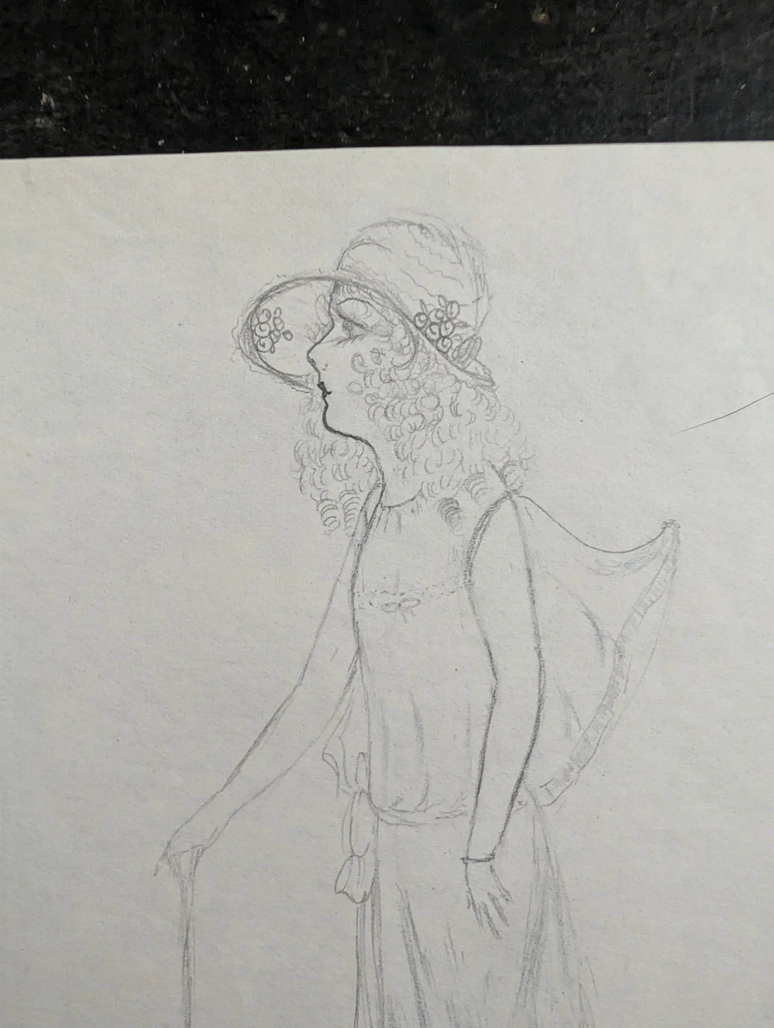 Vintage (2/10/27) Original Art Graphite on Paper by Anonymous Artist - Flapper.