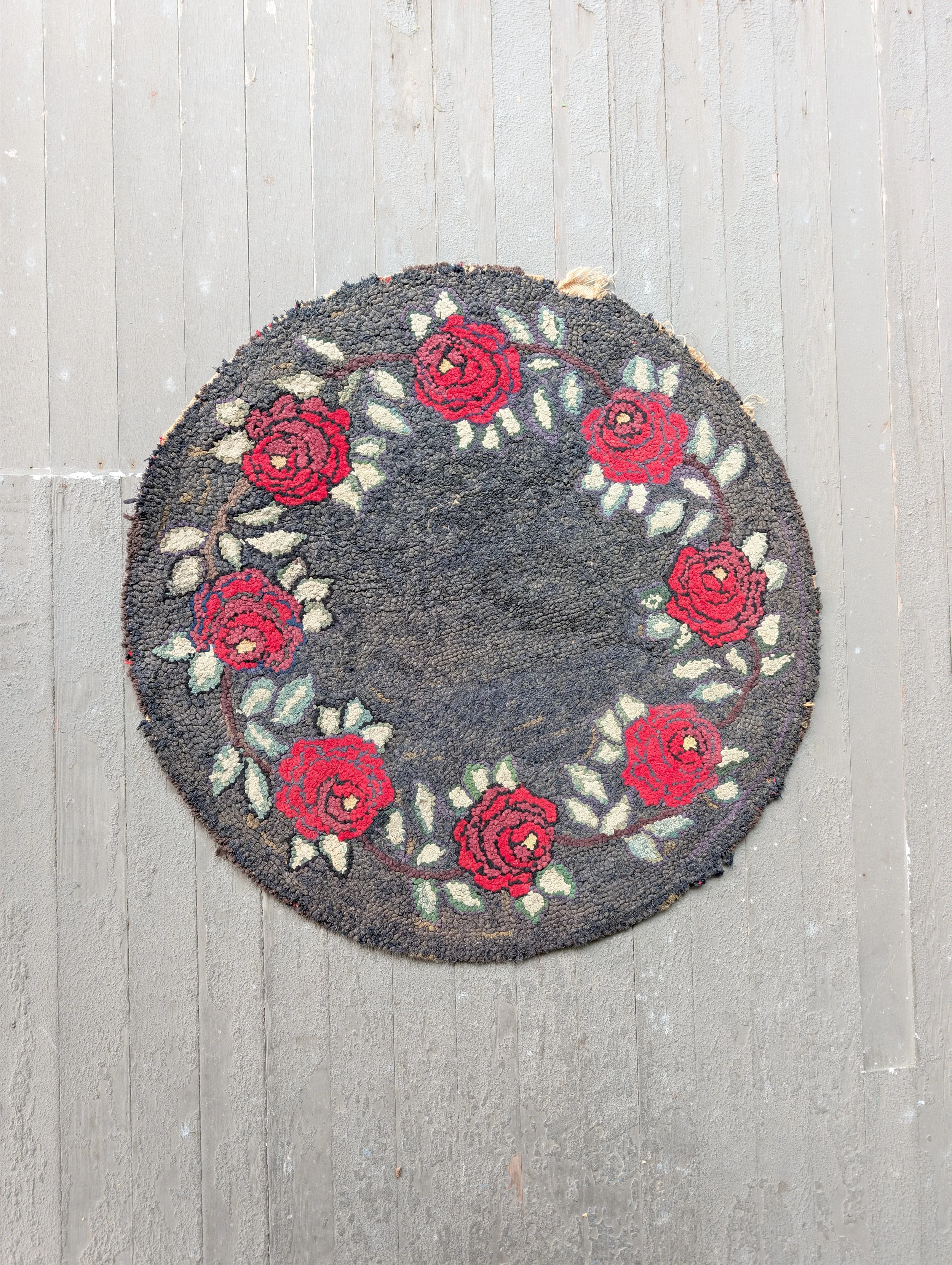 Vintage (1930s) Distressed Handmade Circular Hooked Cabbage Rose Wreath Rug.