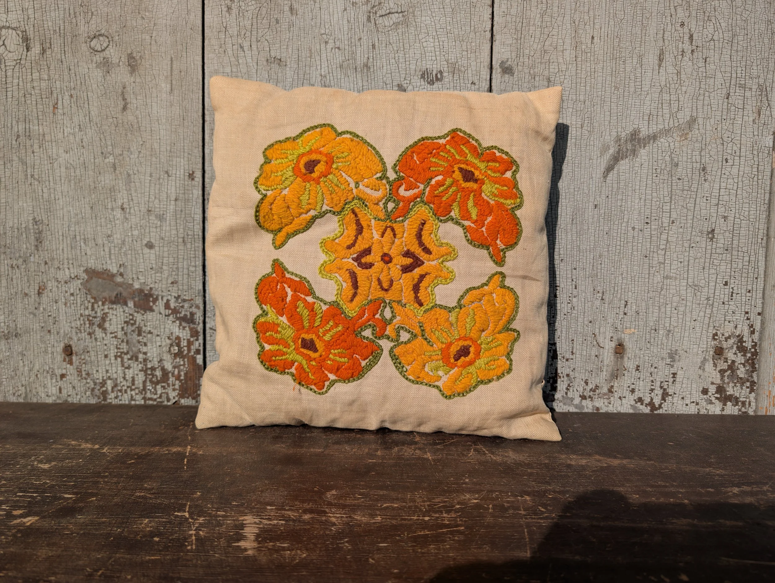 Vintage (1970s) Vibrant Floral Crewel Embroidery Pillow : Pennsylvania Dutch Folk Art Embroidery.