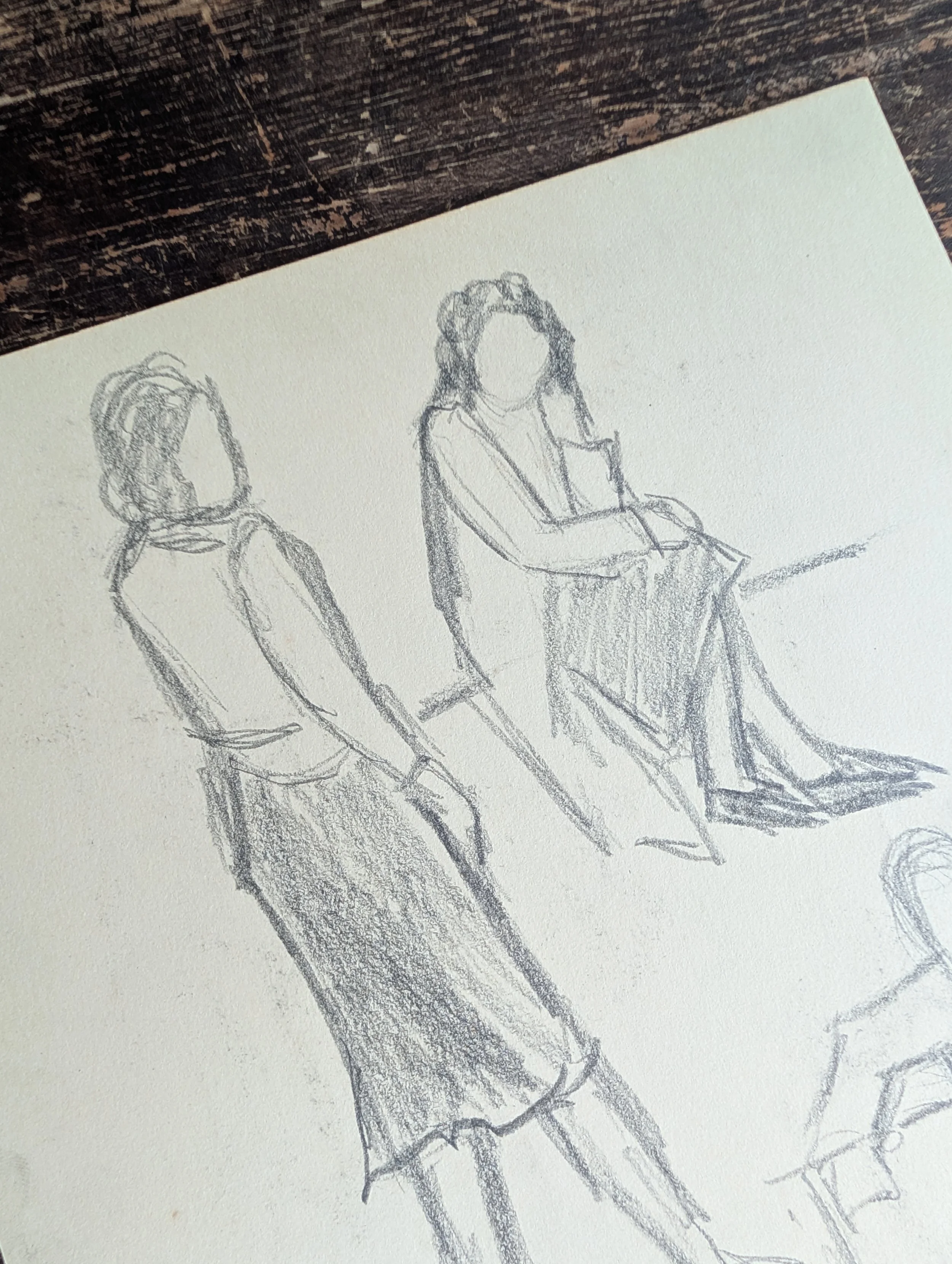 Vintage (1938) Dated Double-Sided Original Art : Figurative Gestures Of Individuals in Period Clothing - Graphite Pencil On Paper, Unsigned.