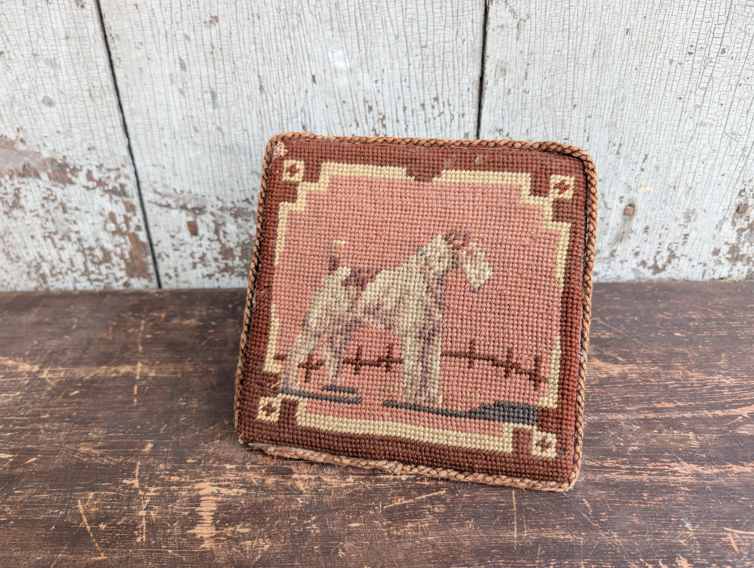 Vintage (1930s) Dog Needlepoint Wedge-Shaped Wooden Doorstop.