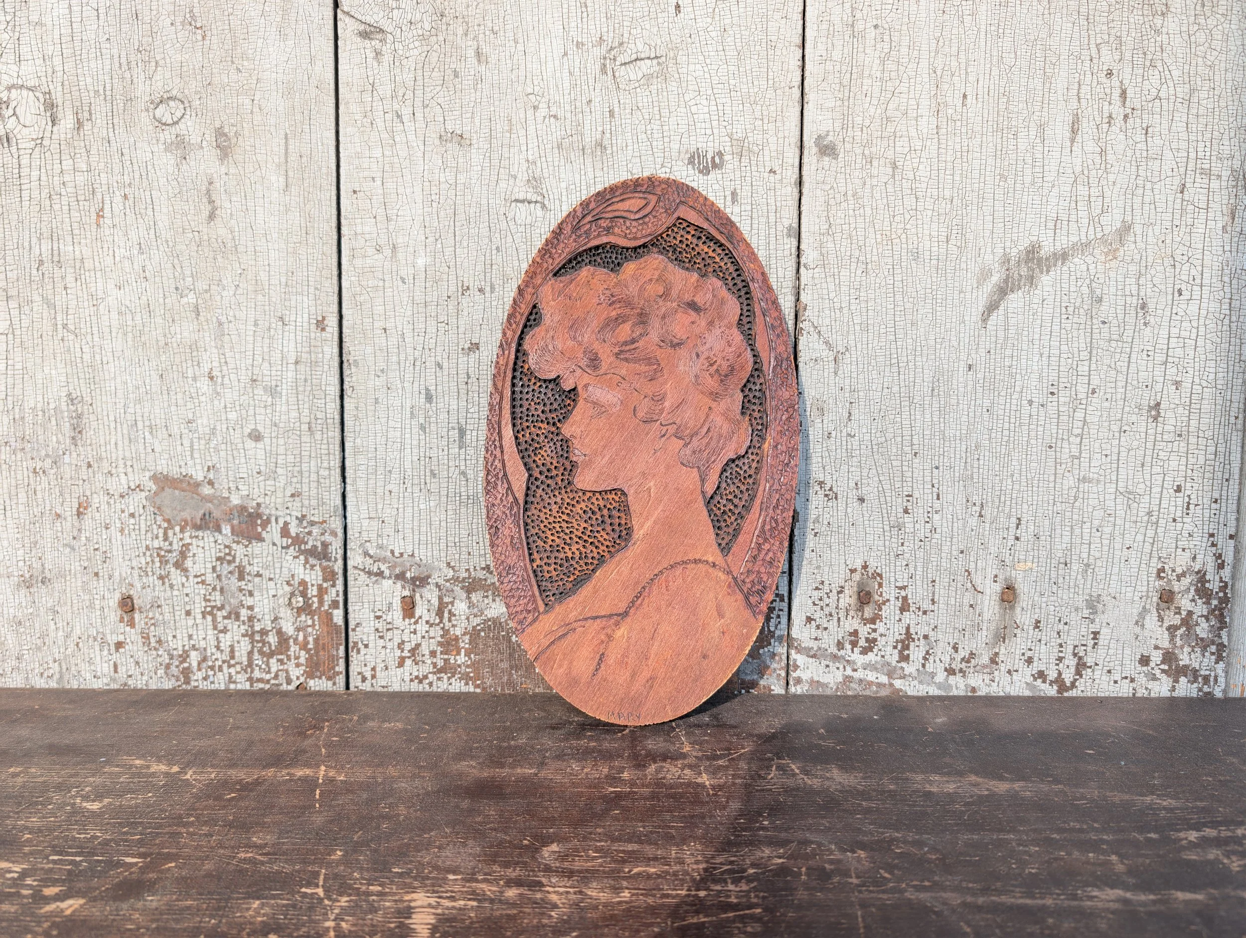 Antique (1920s) "Mary" Flemish Art Co Pyrography Plaque - Numbered.