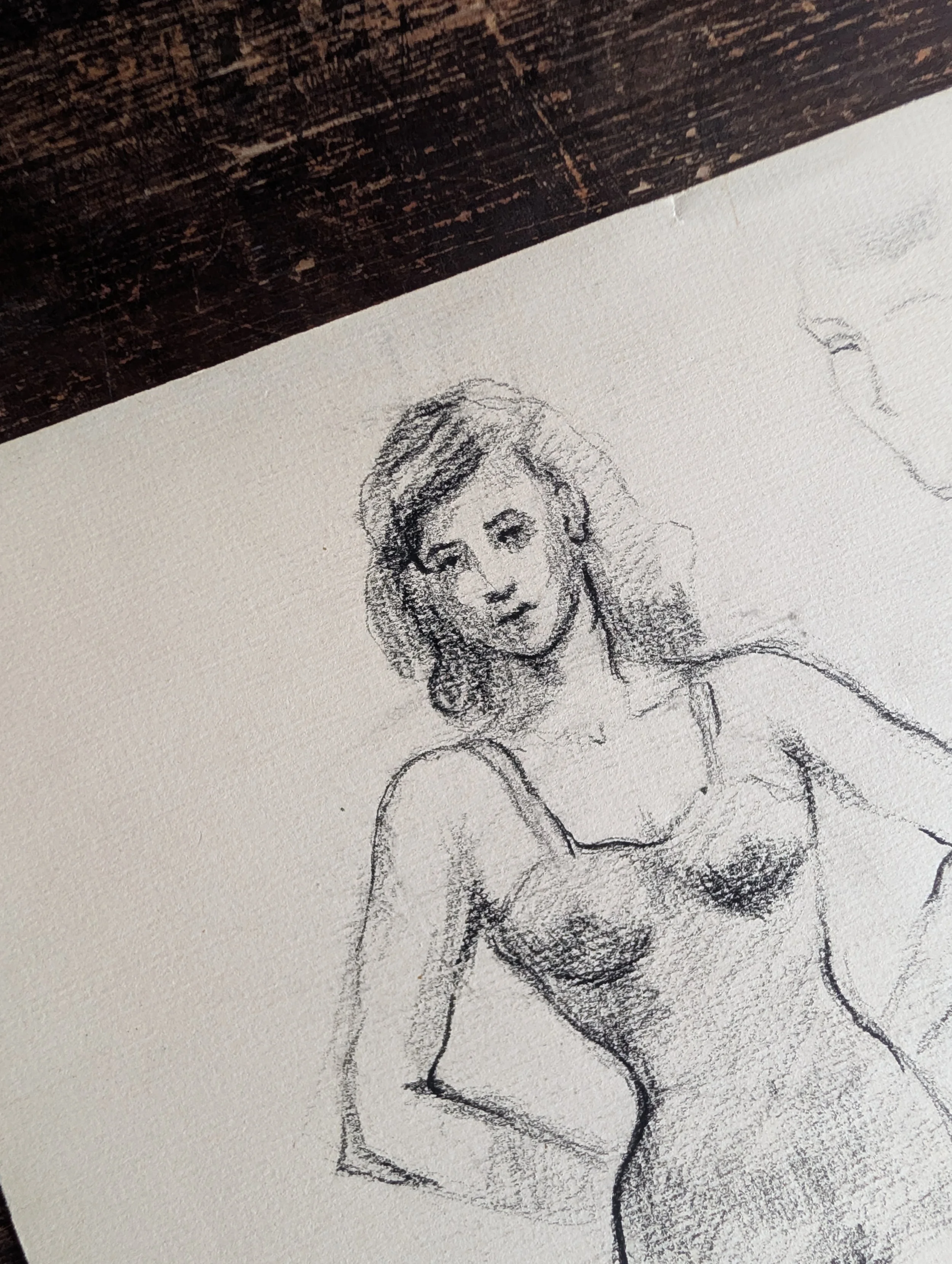 Vintage (1950s) Double-Sided Original Art : Charcoal + Graphite Ballerina // Watercolor + Charcoal Seated Female on Paper by Anonymous Artist.