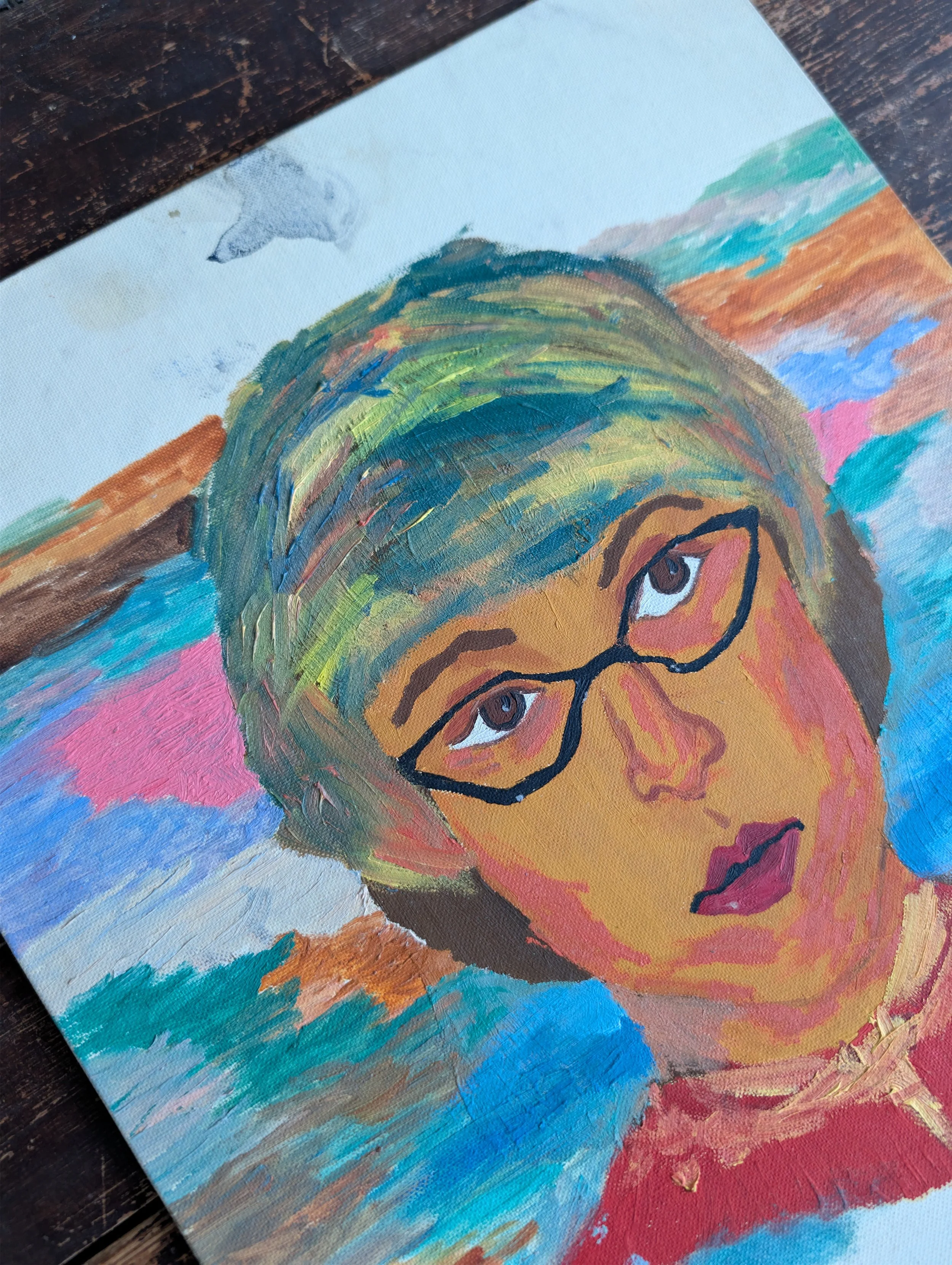 Vintage (1950s) Original Art - Female Portrait Cat-Eye Glasses : Oil On Canvas Board by Kathy Nocerino.