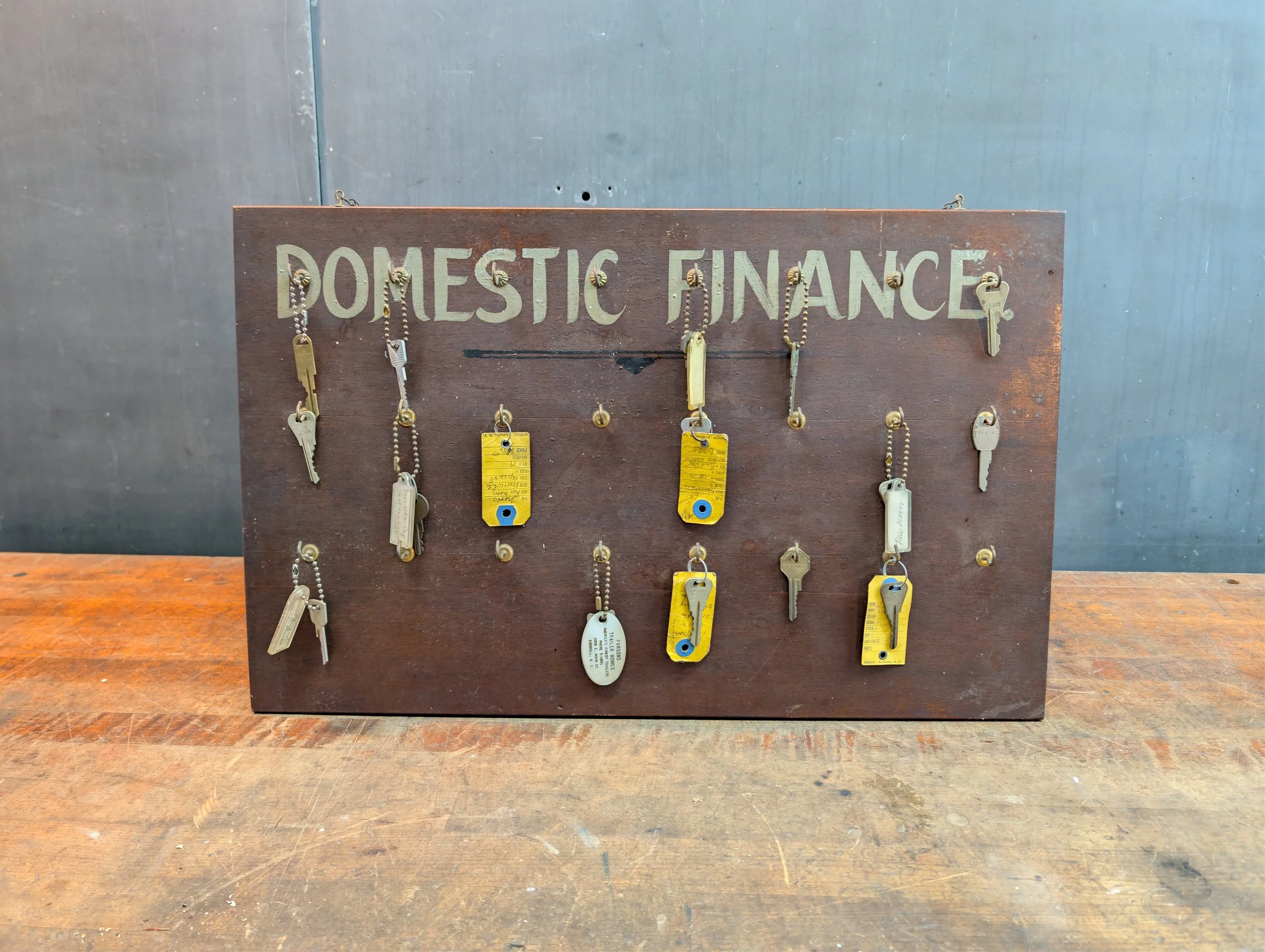 Vintage (1950s) Hand Painted Domestic Finance Wooden Key Holder Board.