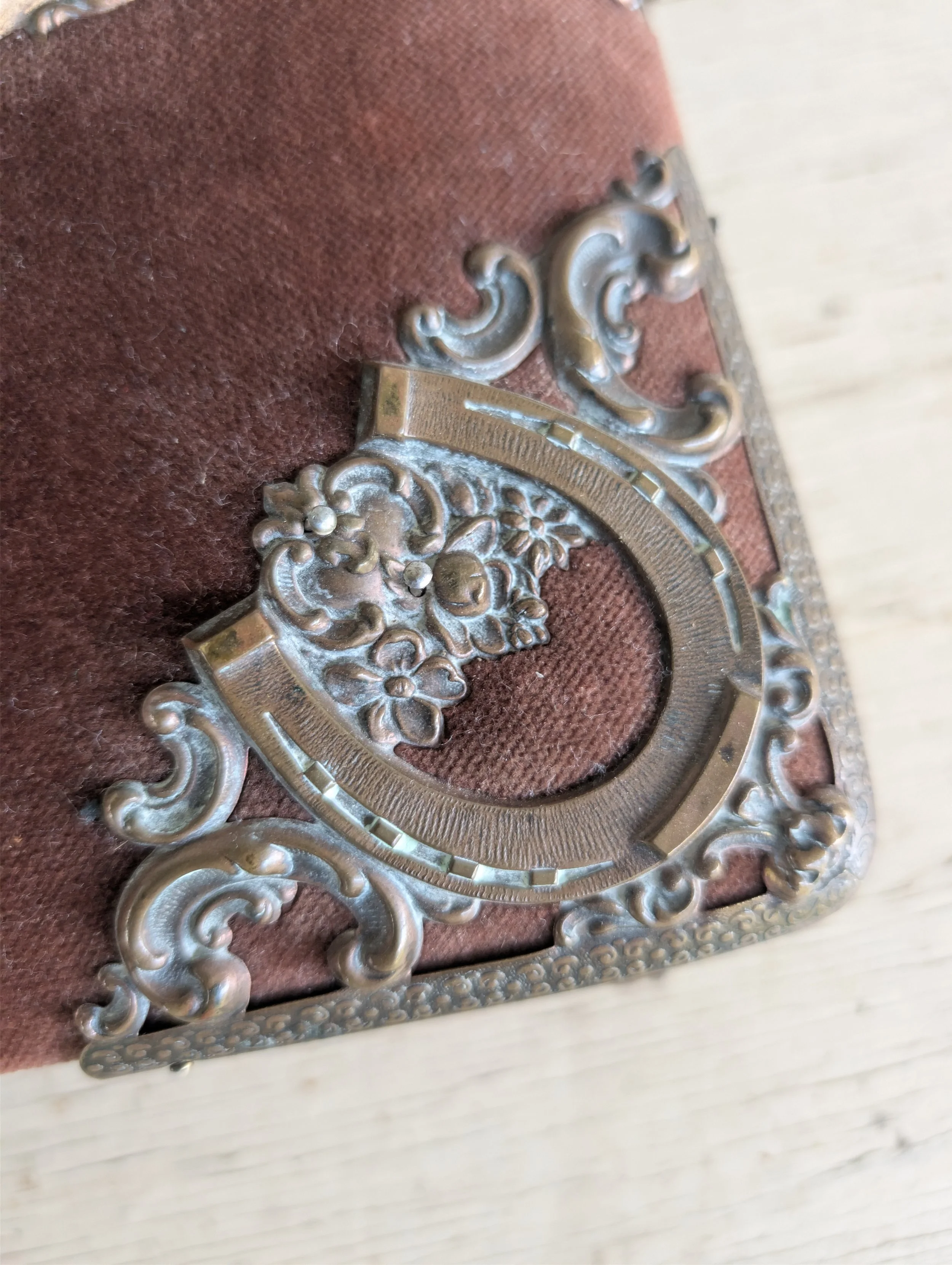 Antique (1890s) Victorian Velvet Equestrian Photograph Album With Ornate Brass Hardware - Empty.
