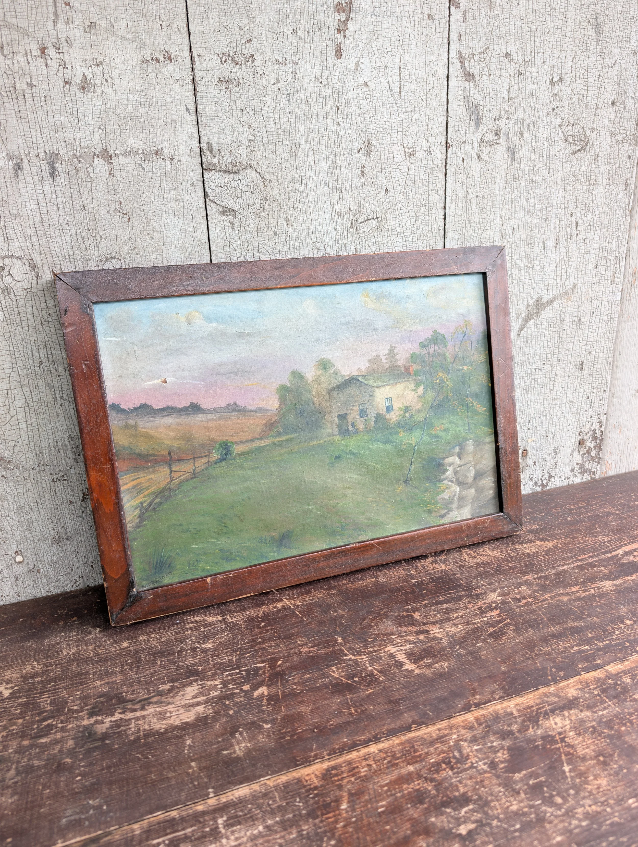 Antique (1920s) Signed Original Art : Pastoral Landscape Oil Painting on Canvas by Vernon McFarland.
