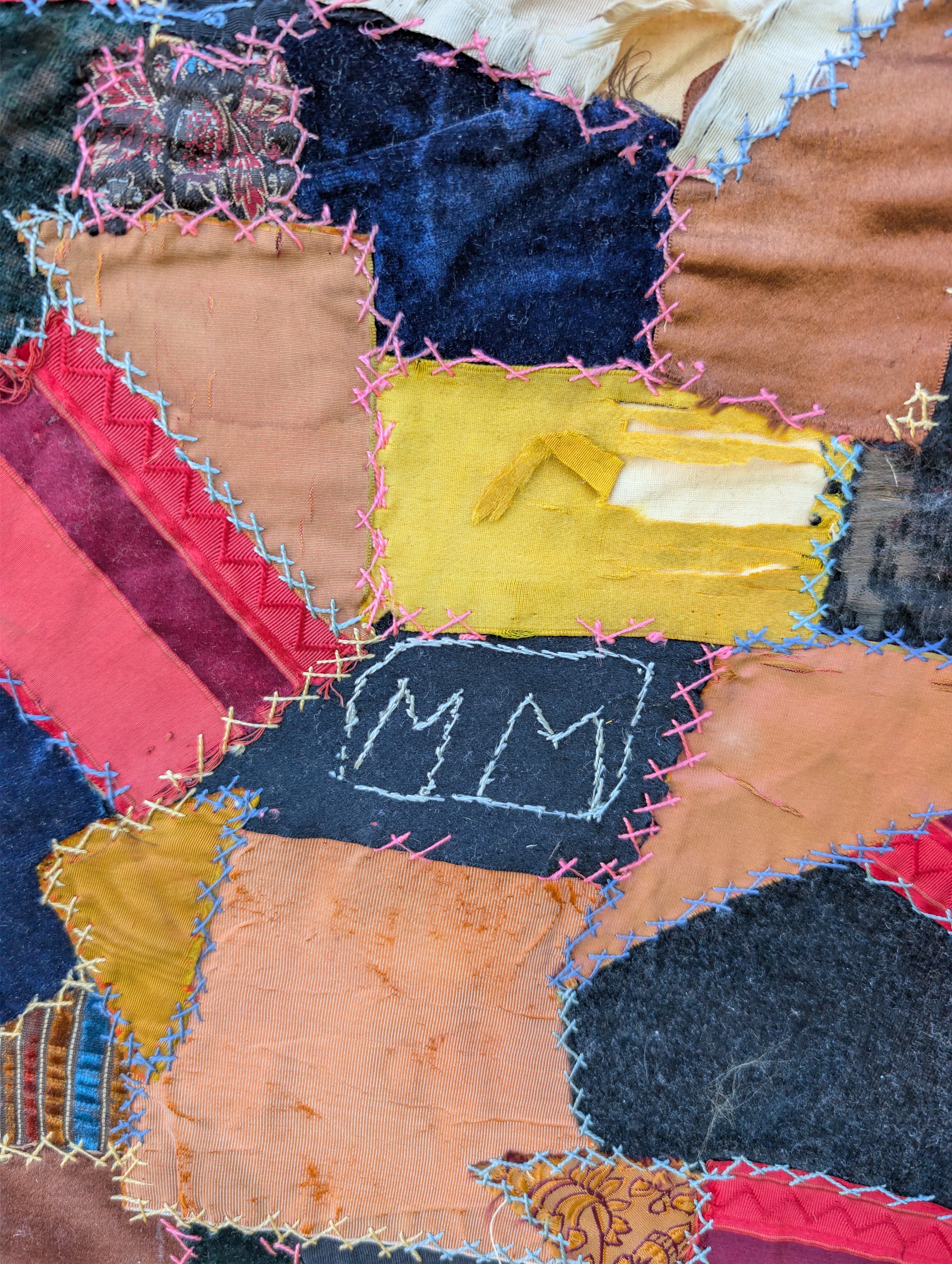 Antique (1880s) Signed Victorian Crazy Quilt : MM - Distressed.