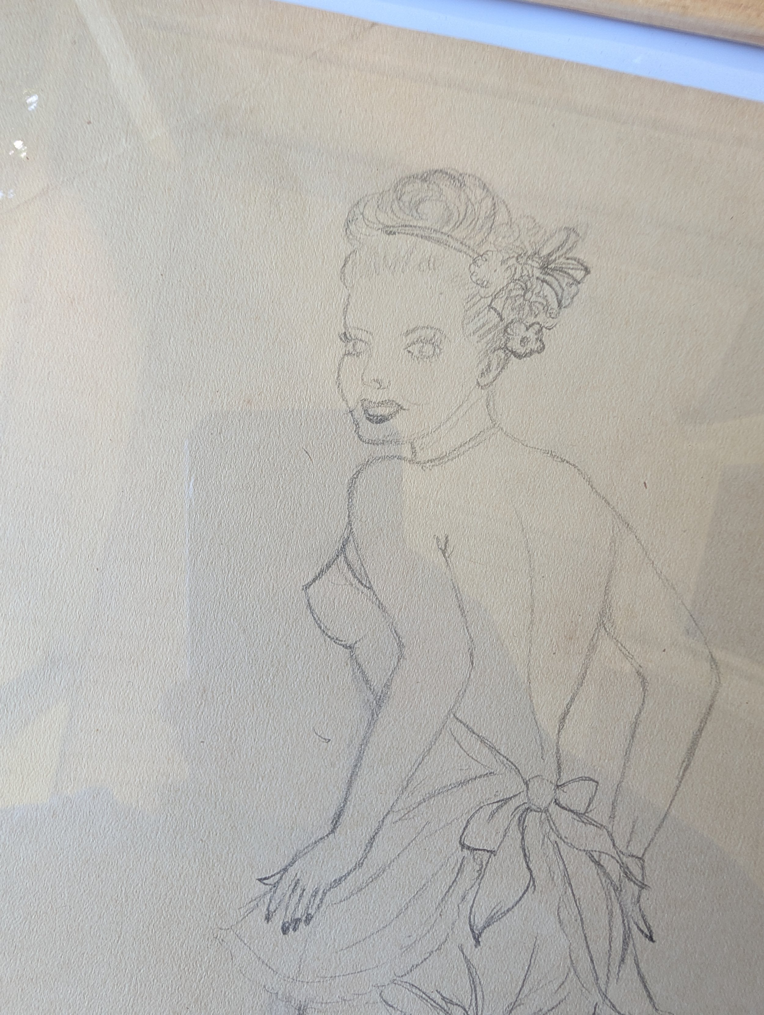 Vintage (1940s) Original Art : Pin-Up Girl - Pencil On Paper by Anonymous Artist.
