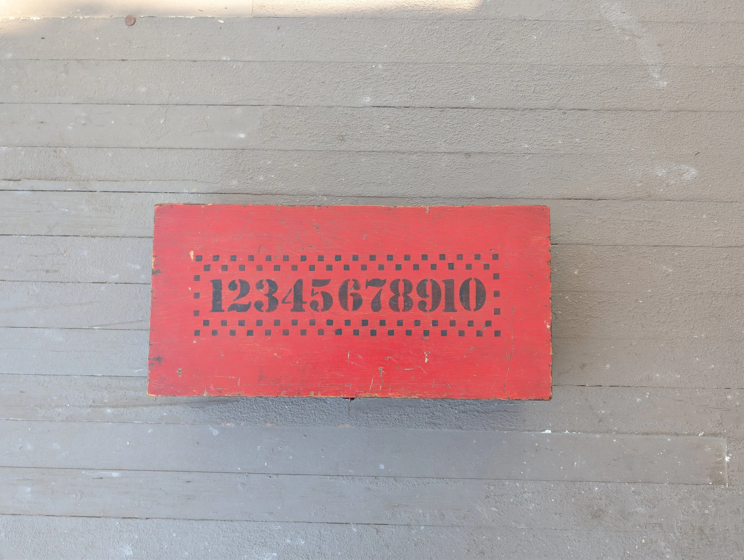 Vintage (1950's) Folk Art Hand Painted + Stenciled Red and Black Wooden Box With Alphabet + Numbers