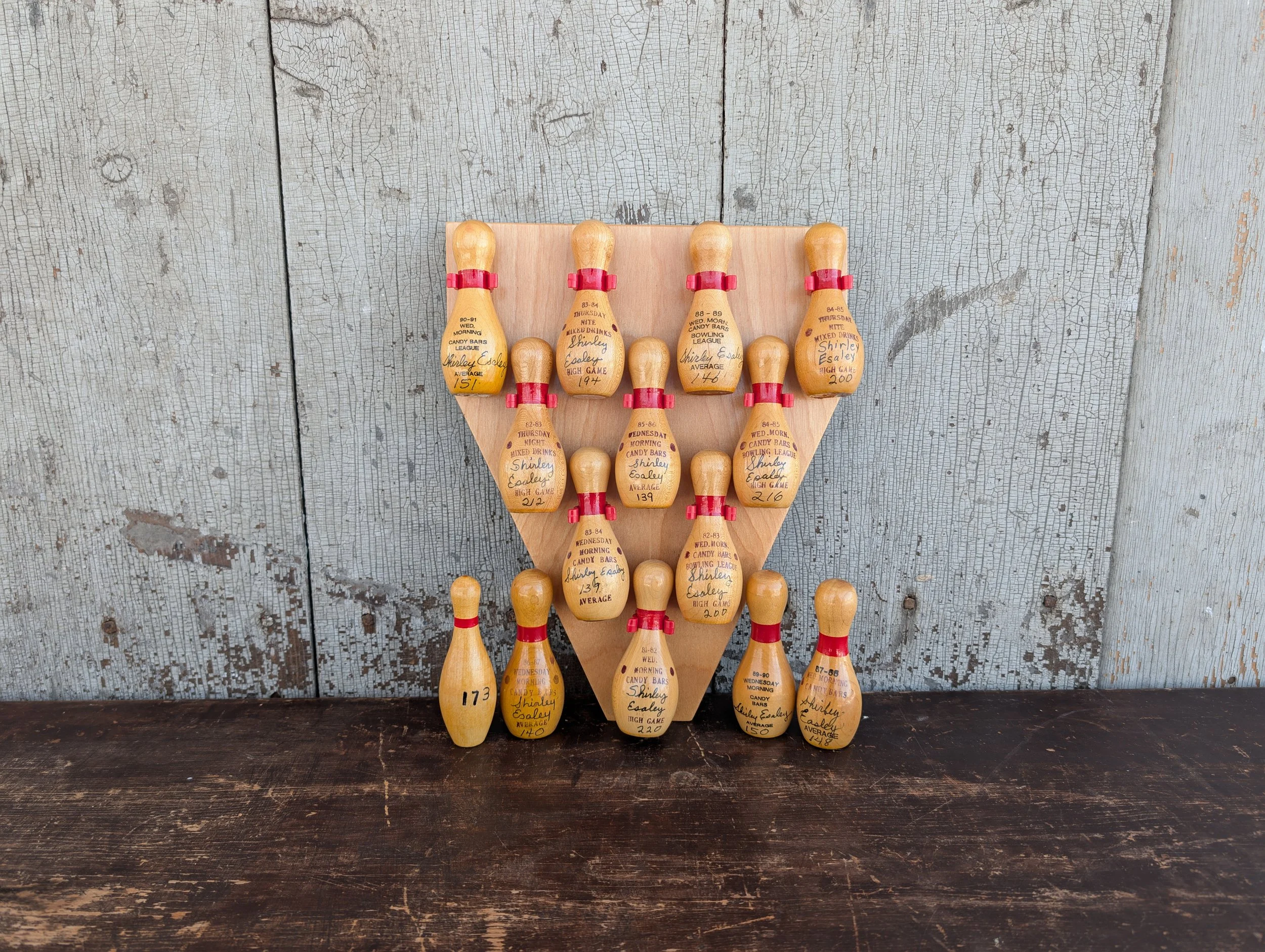 Vintage (1981-1991) Wooden Bowling League Trophy Plaque + Miniature Pins - Miss Shirley Esaley.