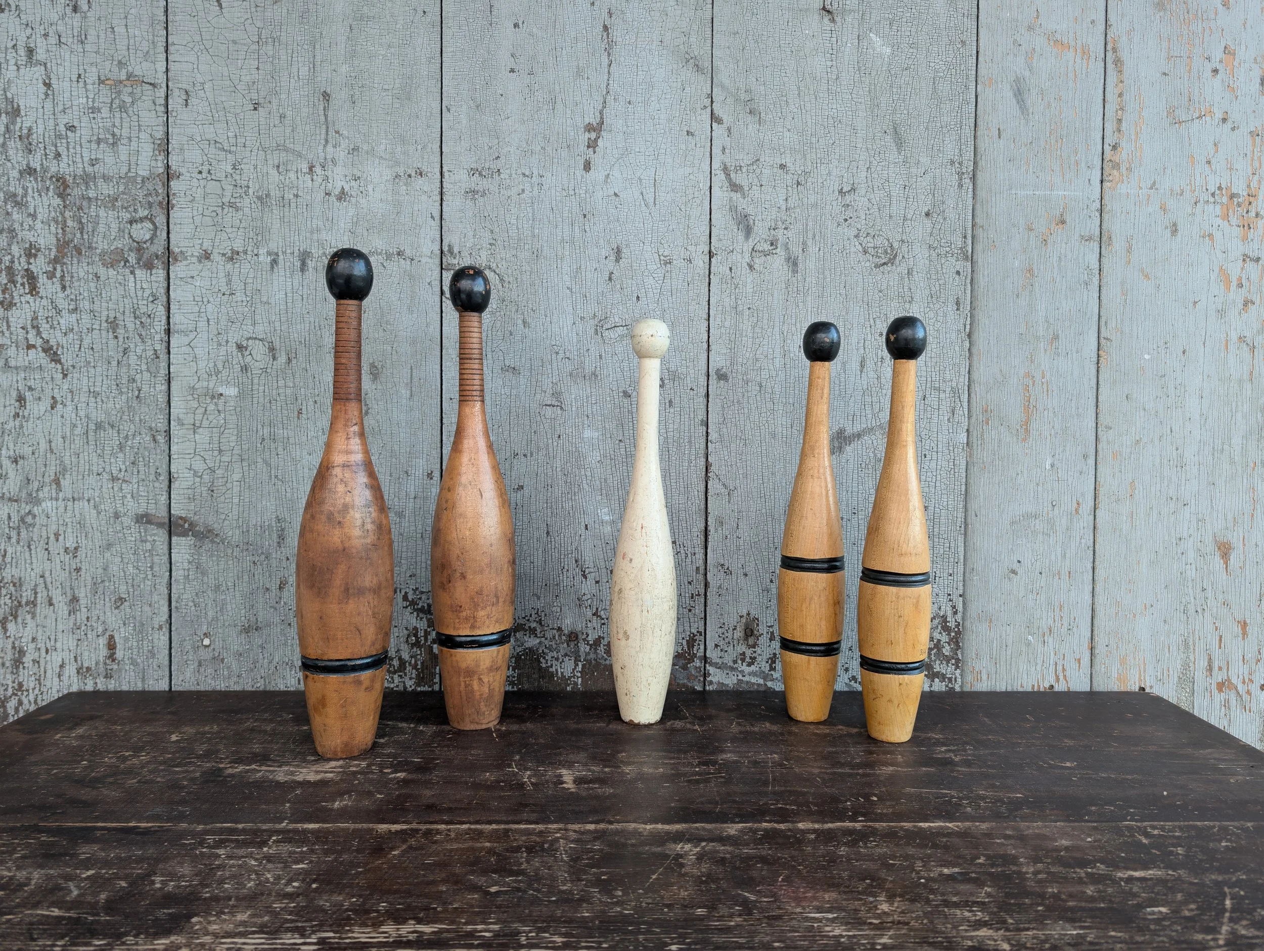 Vintage (1930s) Collection Of Wooden Exercise Pins - Stamped And Carved 3/4 lb and 1 1/2 lb.