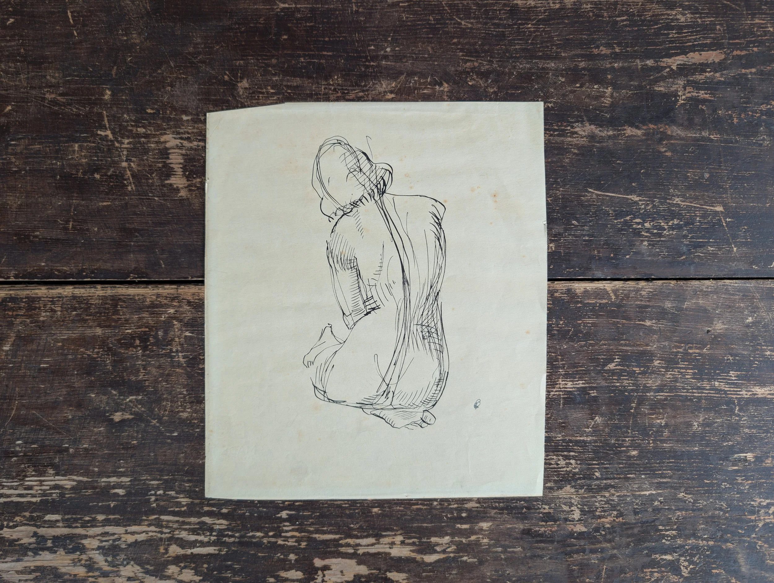Vintage (1960s) Signed Original Art : Mid-Century Modern Kneeling Female Figure Study - Ink On Paper.