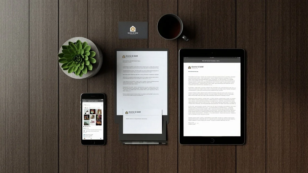 Top-down view of a wooden desk with a potted green succulent plant, a black coffee mug, a smartphone displaying social media, a tablet displaying a document, and a printed paper with a logo and text, representing a workspace or business setup.