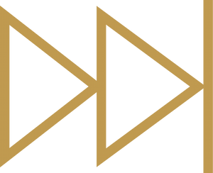 A graphic design of three gold right-pointing arrows linked together on a black background.