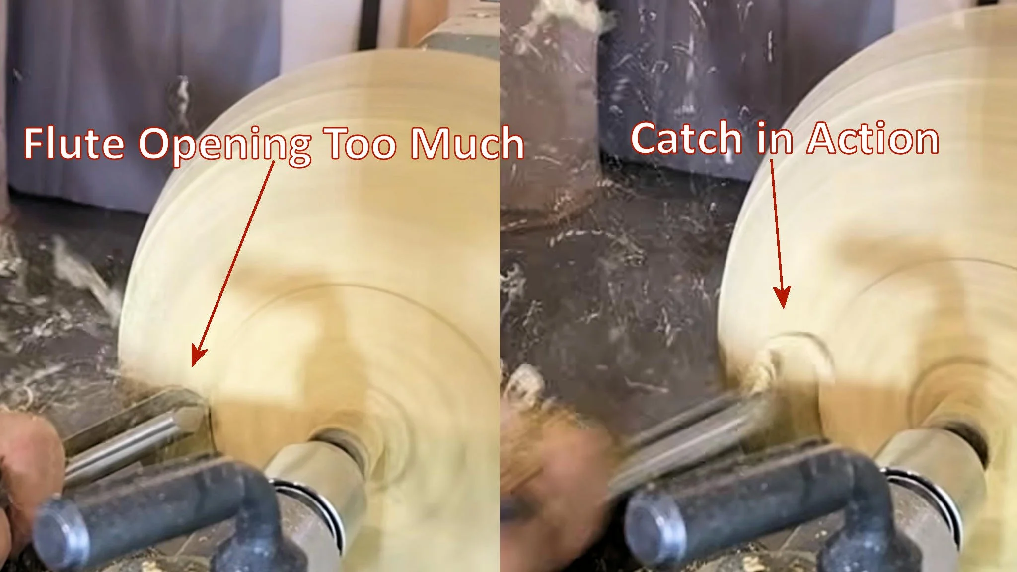 Bowl gouge flute positions illustrating an overly open presentations for a roughing cut.