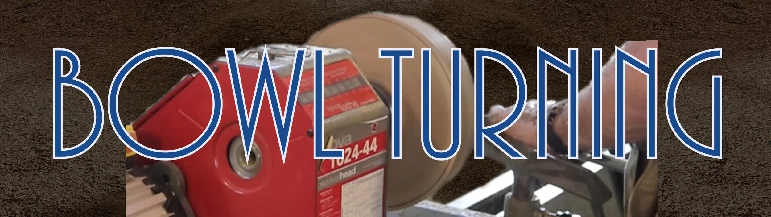 A close-up of a power tool cutting through a wooden bowling pin on a dusty bowling alley floor with the word 'BOWLING' overlaid in large blue outlined letters.