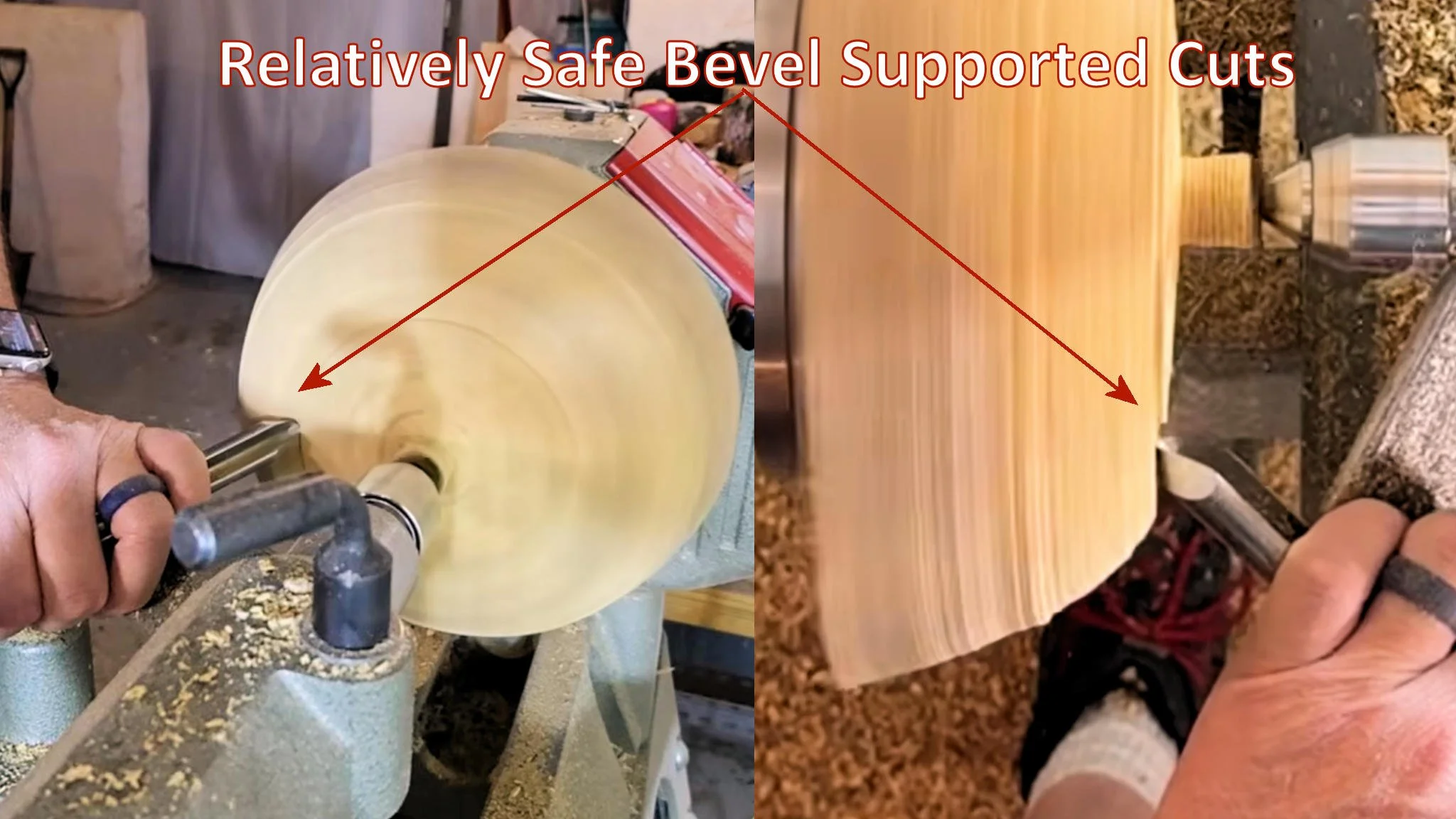 Bowl gouge flute positions illustrating controlled and overly open presentations for the demonstrated roughing cut.