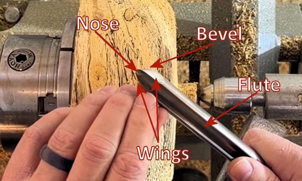 Bowl gouge showing the flute, cutting edge, and bevel with the lathe stopped.