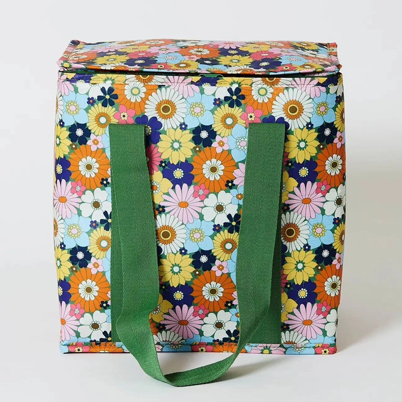 Flower patterned insulated tote bag for keeping groceries cold