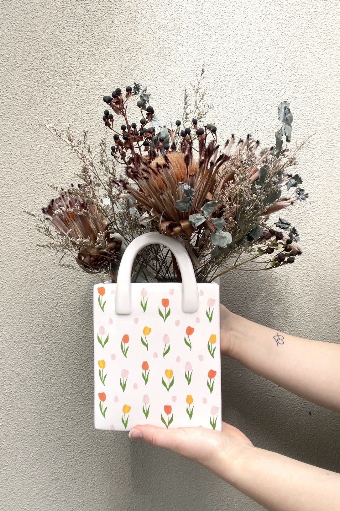 Tulip Print Ceramic Bag-Shaped Vase | Quirky Floral Home Decor