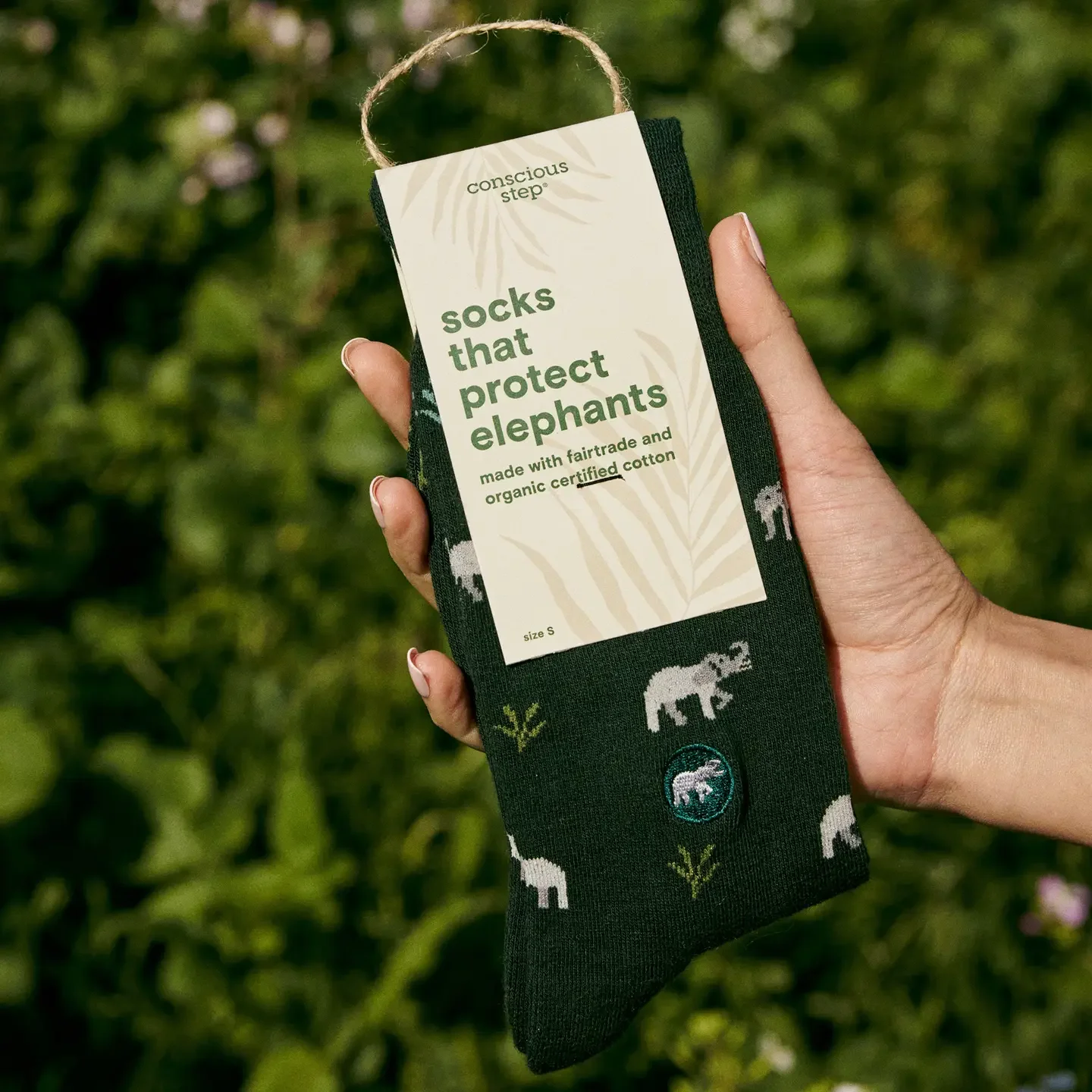 conscious step sustainable socks with elephant pattern.webp