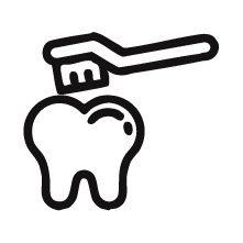 Line drawing of a tooth and a toothbrush.