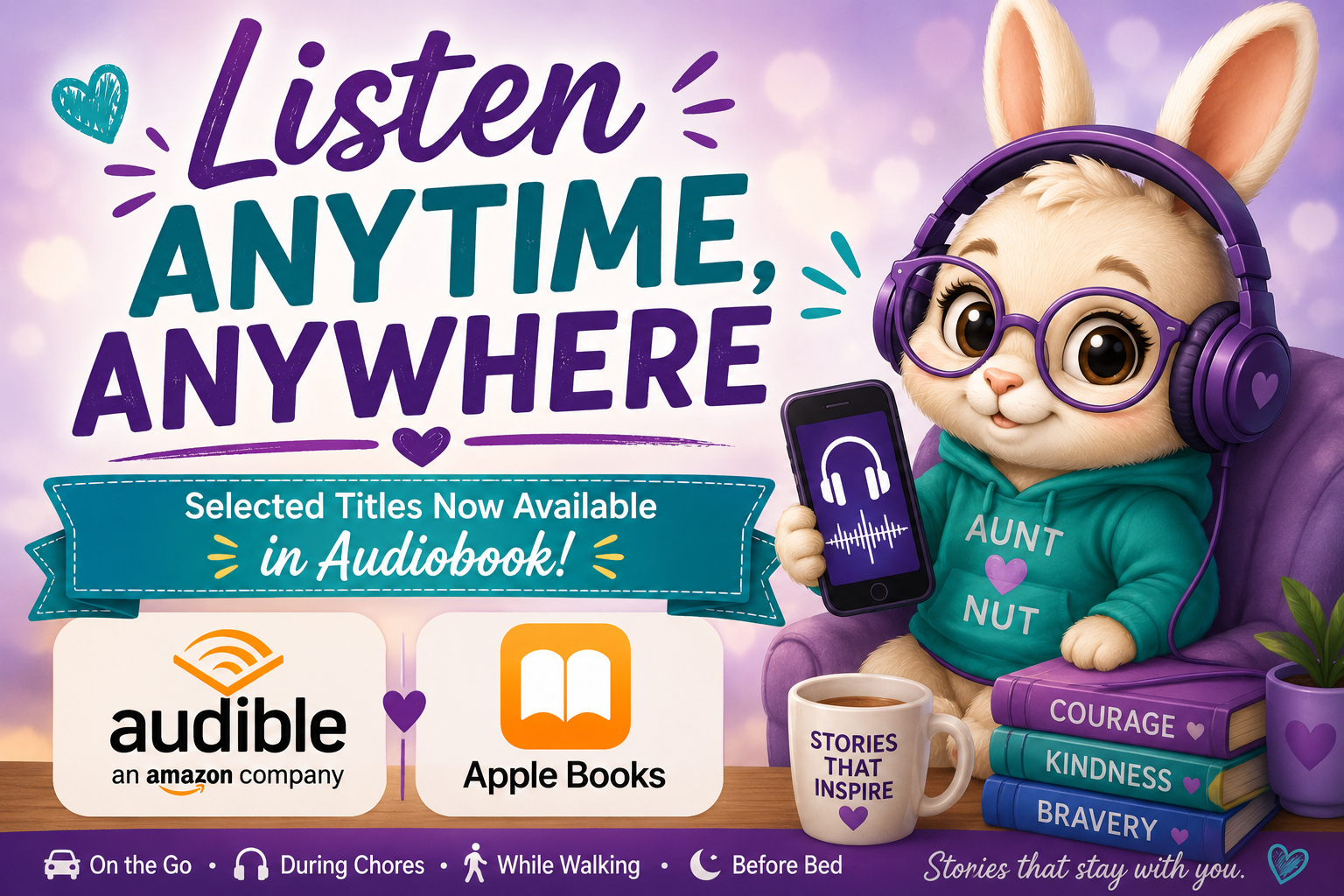 A cute animated bunny wearing glasses and a turquoise hoodie that says 'Aunt Nut,' sitting on a purple armchair with a stack of books labeled Courage, Kindness, and Bravery. The bunny holds a smartphone with a music app open. There's a mug with the phrase 'Stories That Inspire' and a potted plant nearby. The background is purple with bokeh lights. The text reads 'Listen anytime, anywhere,' announcing audiobooks available from Audible and Apple Books, with icons for the apps and symbols indicating listening options like on the go, during chores, while walking, and before bed.