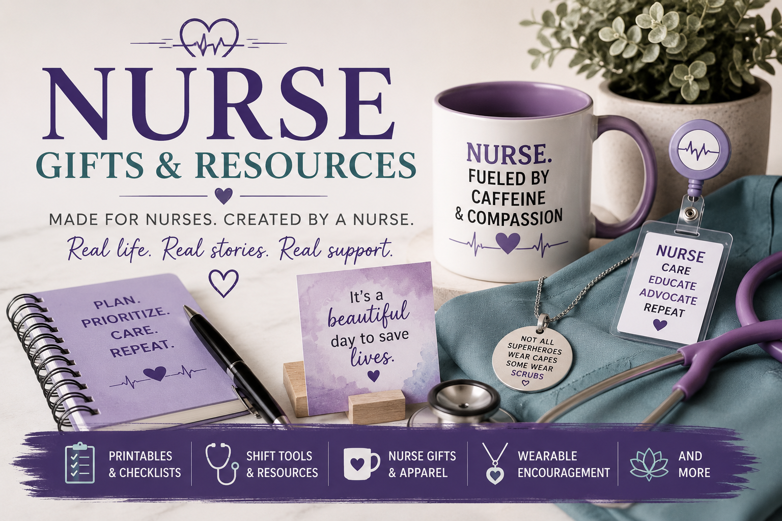 Nurse gifts, shift tools, printable resources, mugs, badge reels, affirmation jewelry, and wellness products created by nurse Susan Henderson, RN, CARN.